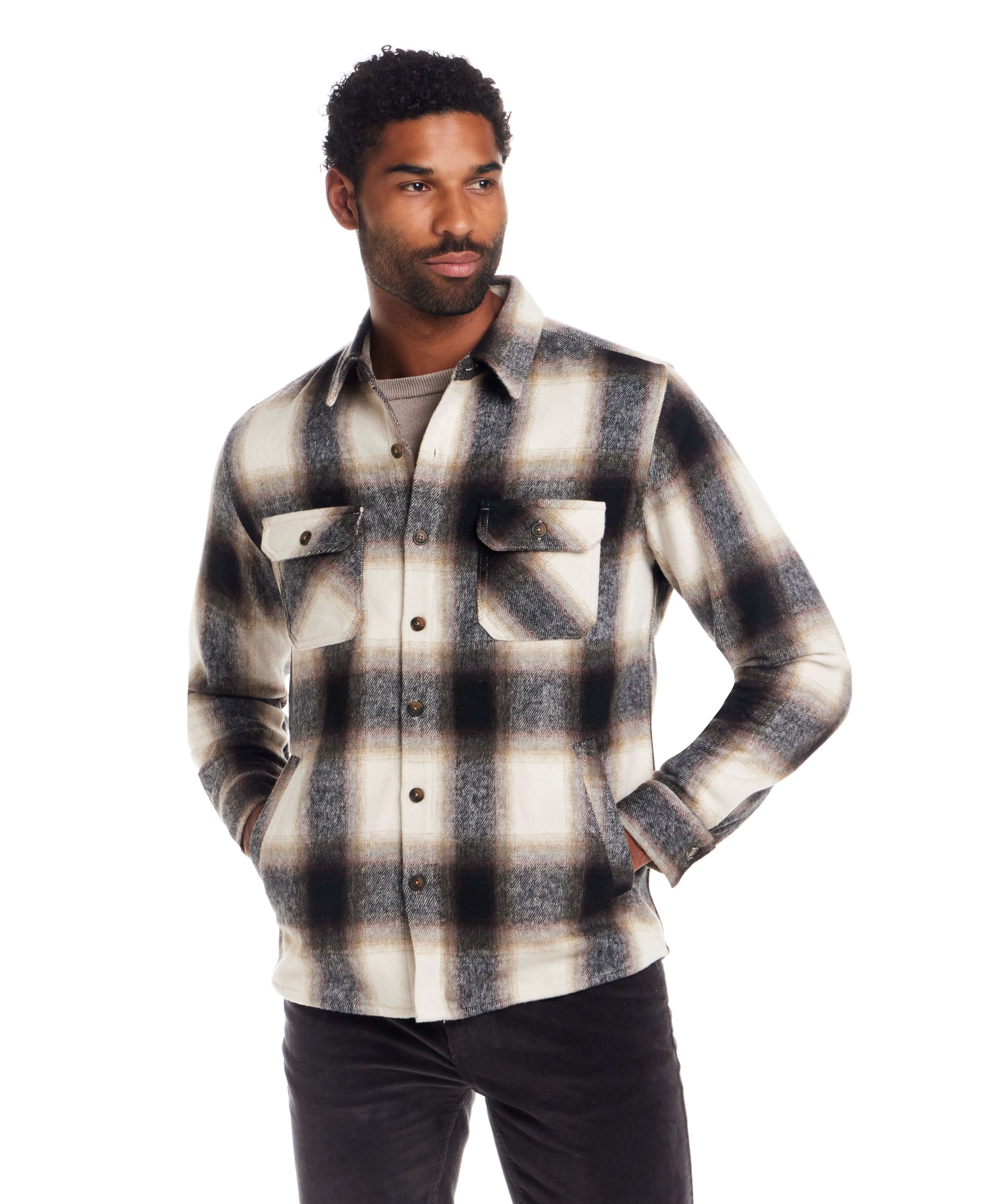 Brushed Unlined Plaid Shirt Jacket in Chocolate Cream