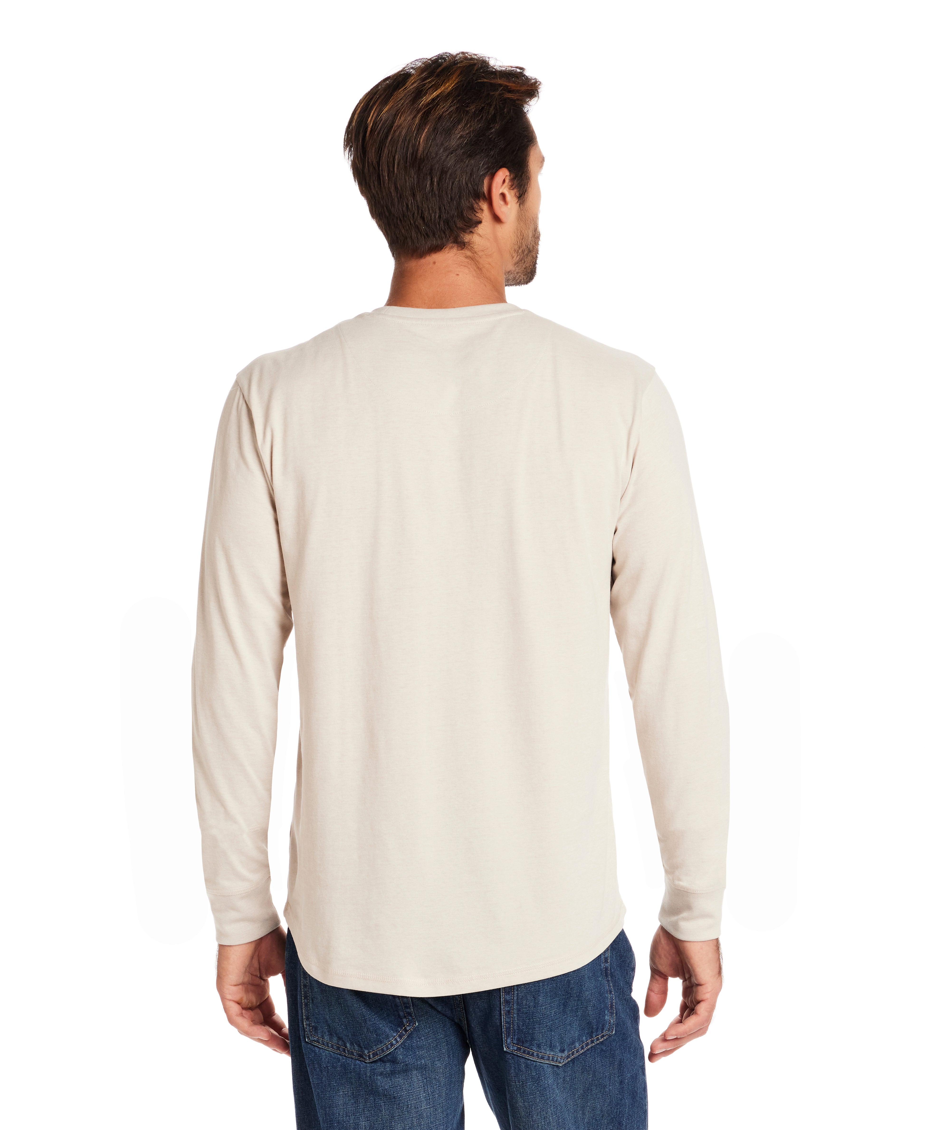 Long Sleeve Brushed Jersey Crew in NATURAL, back view of man wearing soft jersey shirt with classic fit.