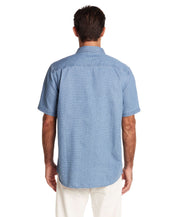 Back view of a short sleeve stripe denim shirt in serenity blue, showcasing classic collar and relaxed fit.
