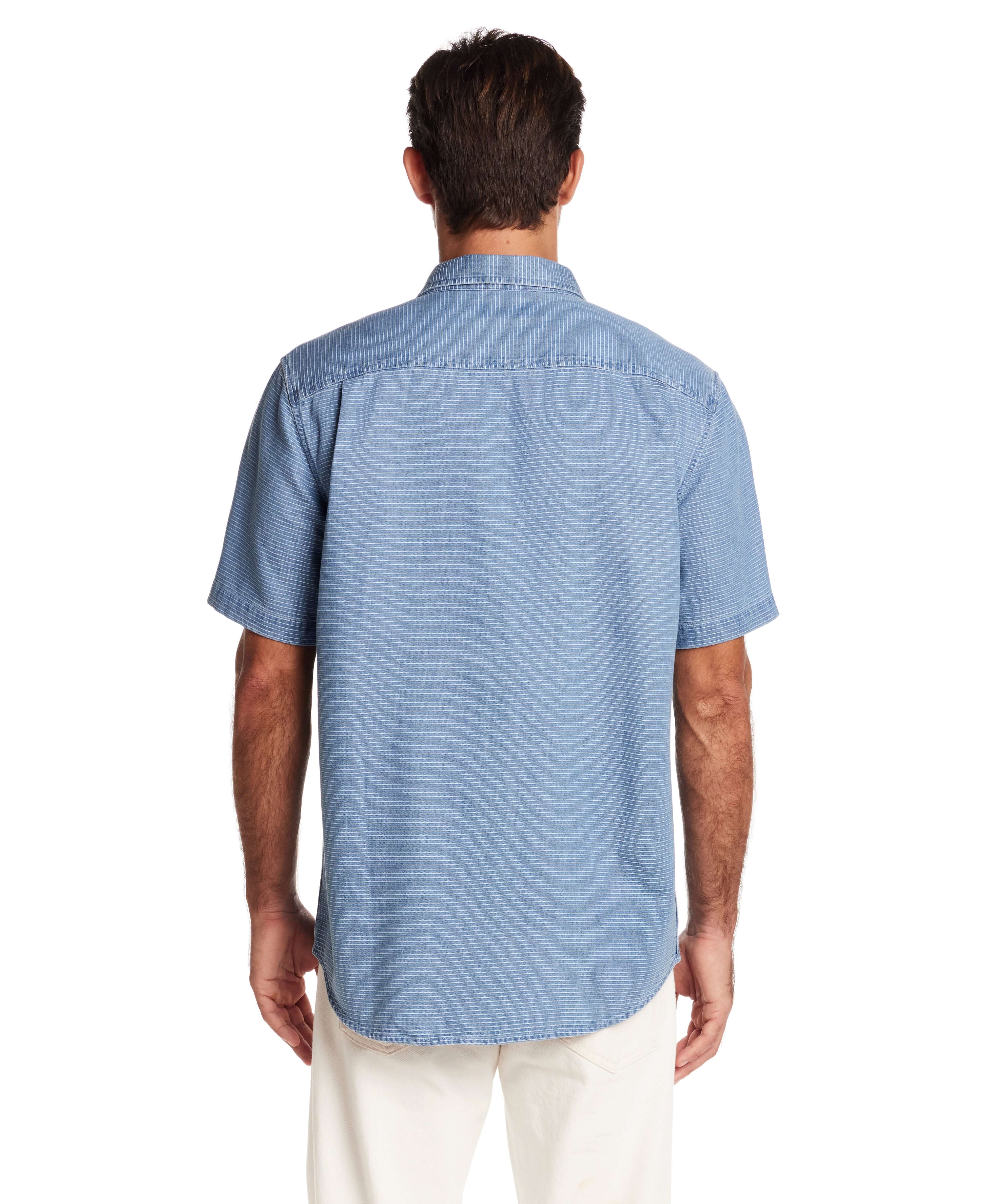Back view of a short sleeve stripe denim shirt in serenity blue, showcasing classic collar and relaxed fit.
