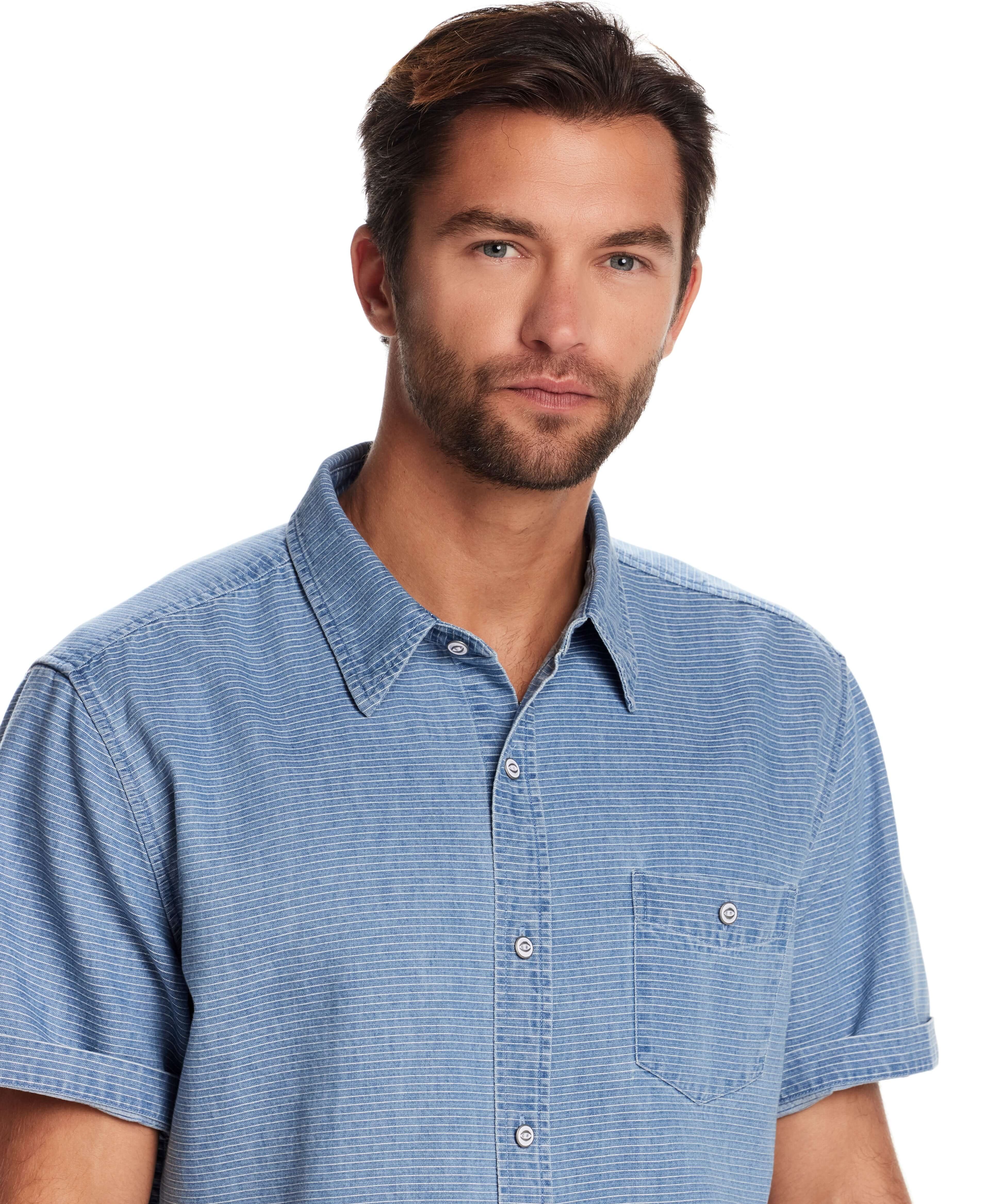 Model showcasing a short sleeve stripe denim shirt in serenity blue, featuring a classic collar and chest pocket.