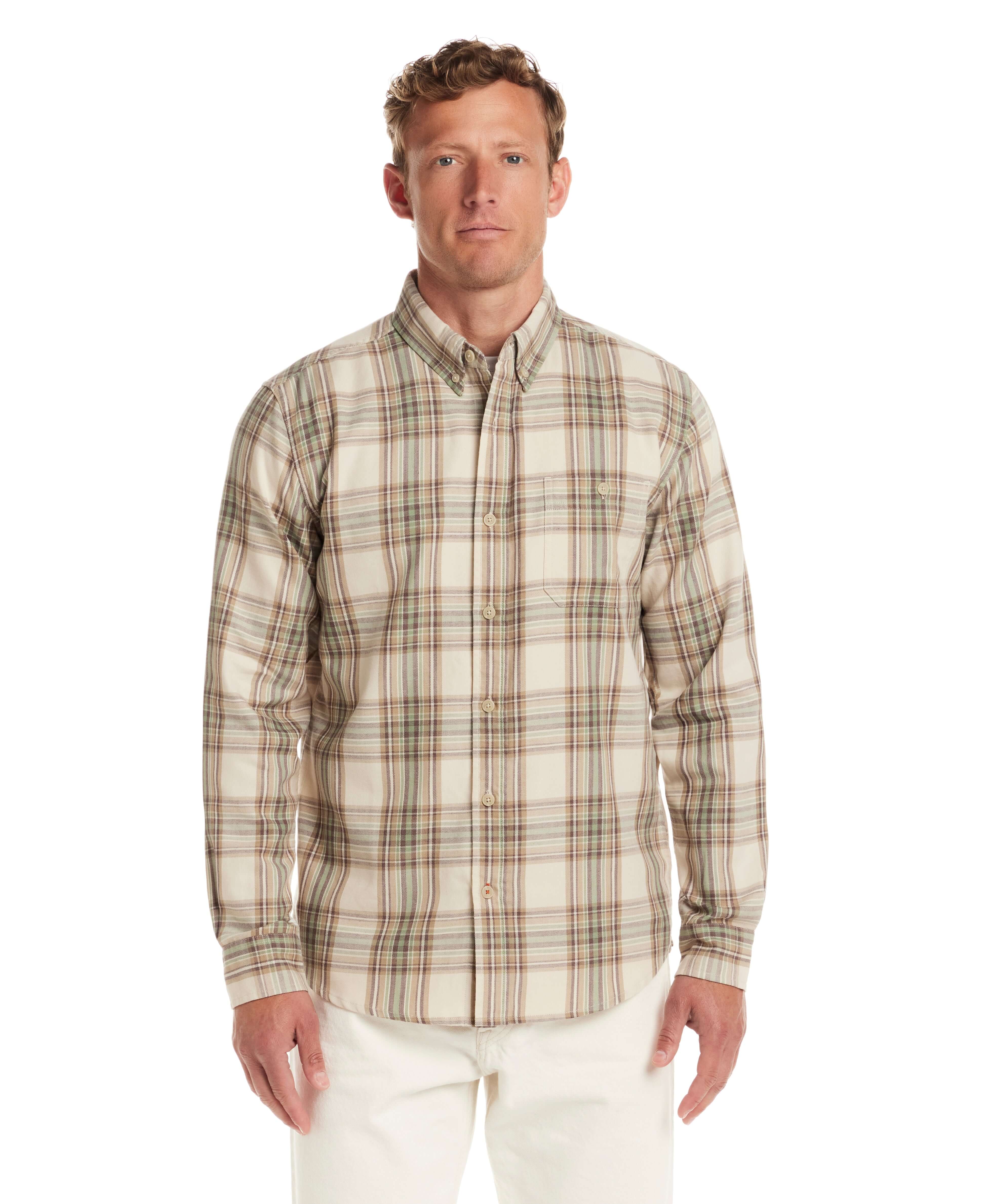Men's long sleeve burnout flannel shirt in angora, featuring a weathered plaid design and a classic fit.