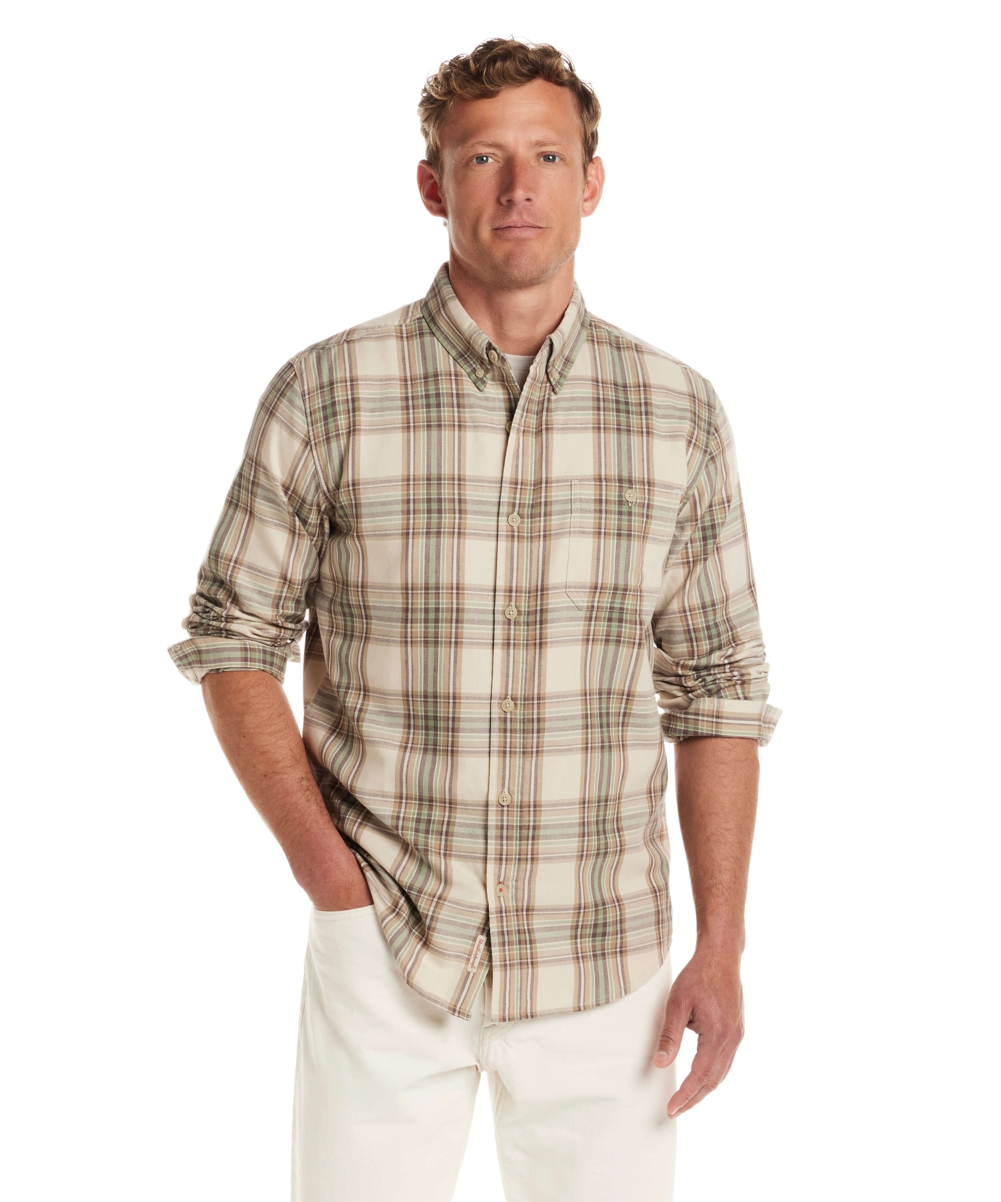 Man wearing a Long Sleeve Burnout Flannel in Angora, showcasing a classic plaid pattern and button-down collar.