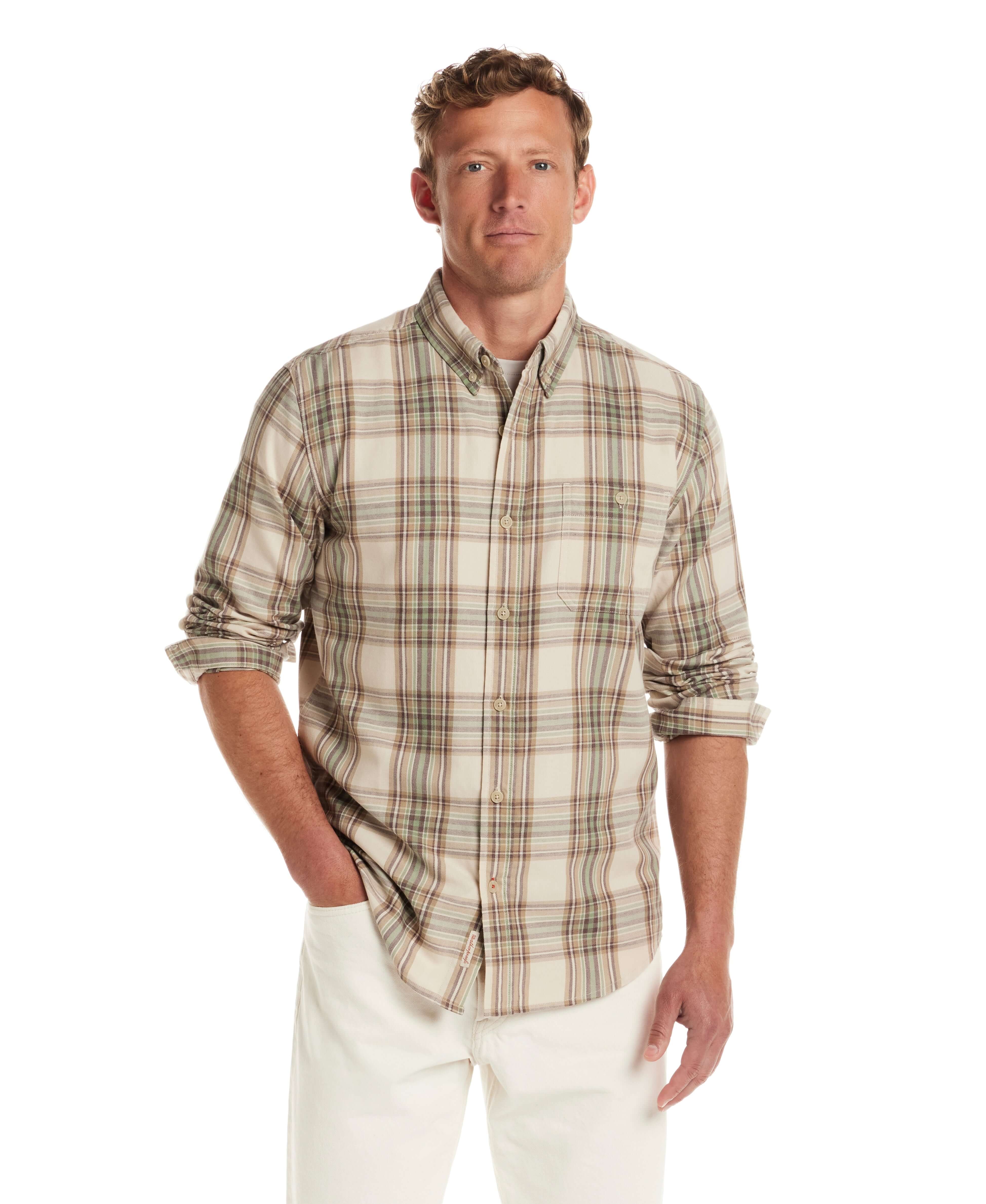 Man wearing a Long Sleeve Burnout Flannel in Angora, showcasing a classic plaid pattern and button-down collar.