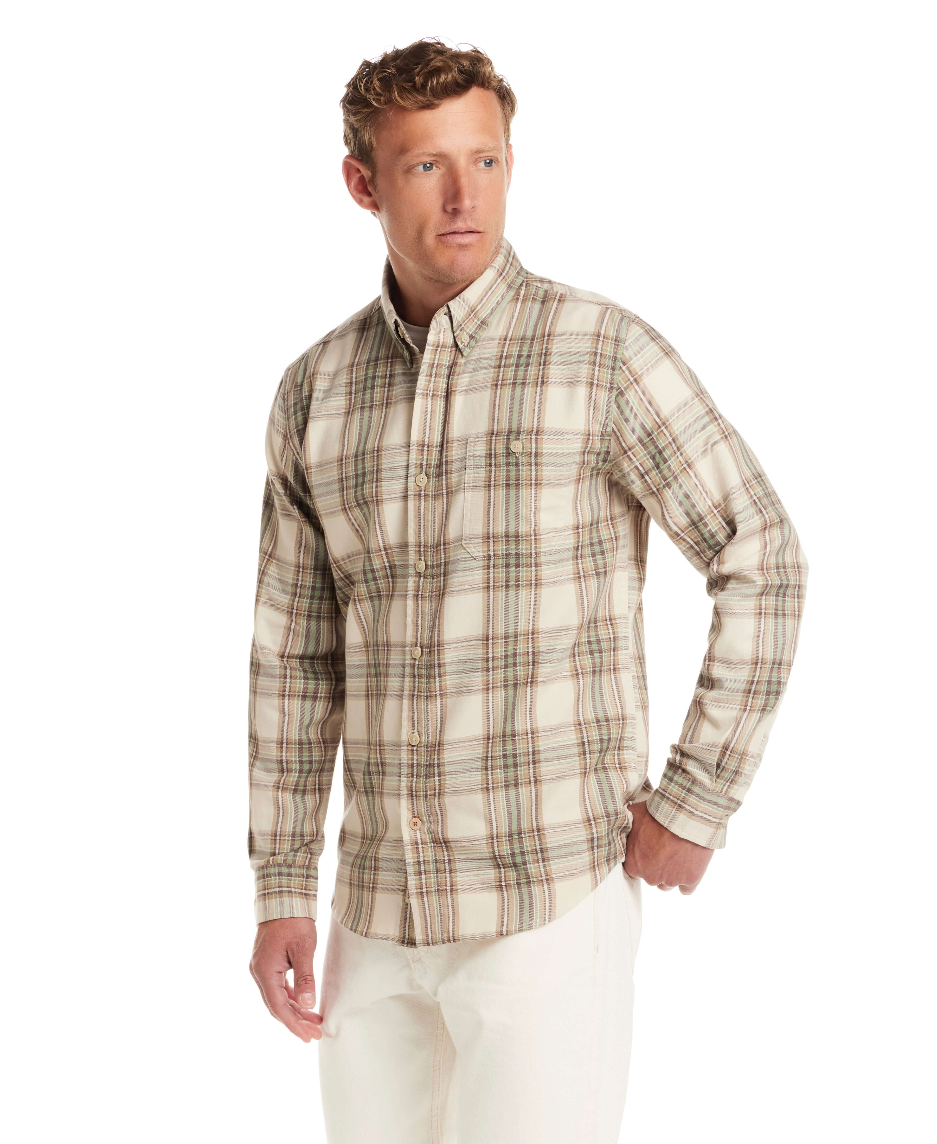 Model wearing a Long Sleeve Burnout Flannel in Angora with weathered plaid pattern, ideal for layering.