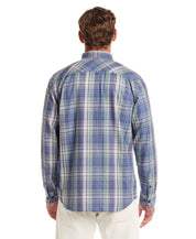 Men's long sleeve burnout flannel shirt in Dutch Blue, showcasing a classic fit and plaid pattern from the back.