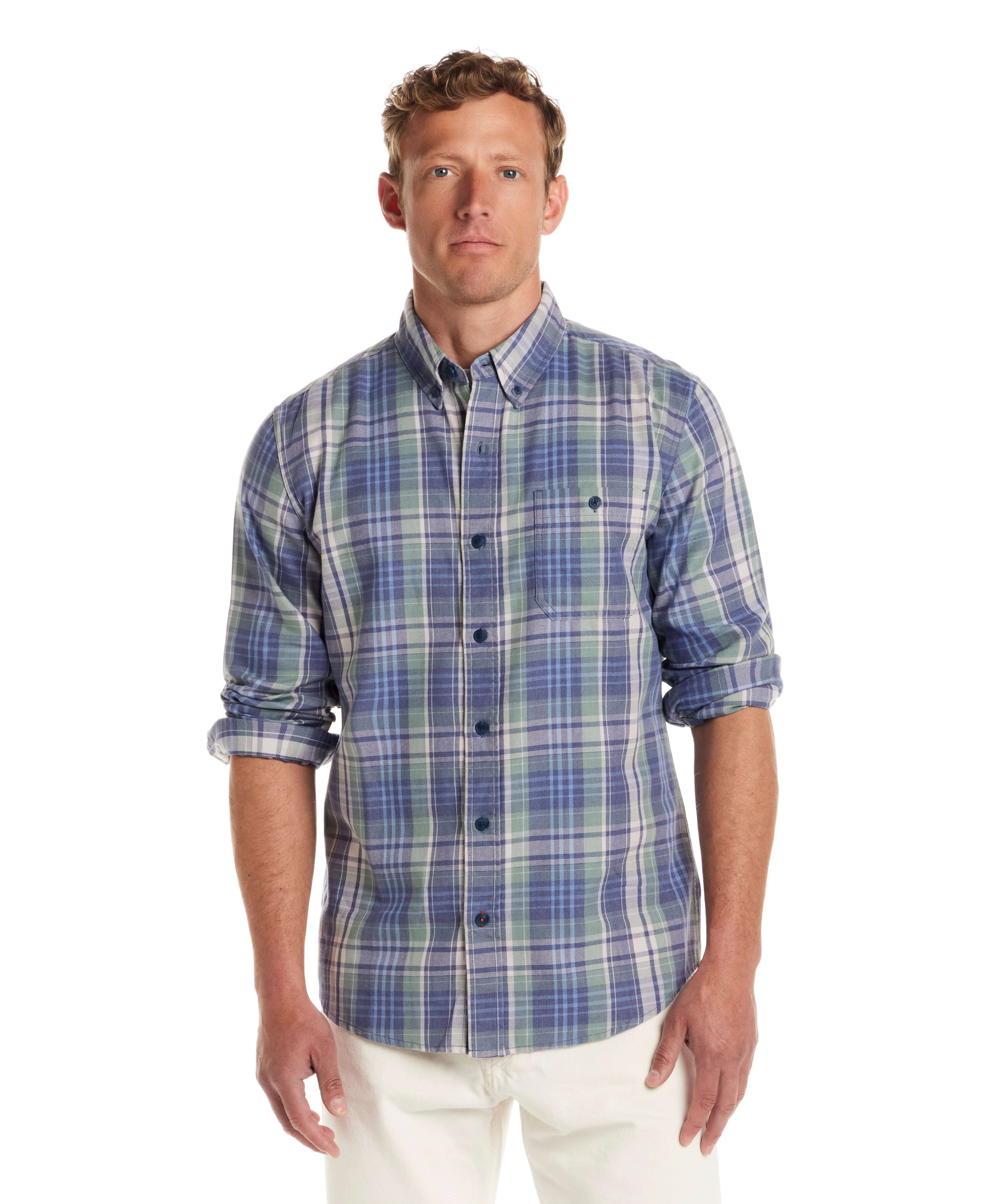 Model wearing the Long Sleeve Burnout Flannel in Dutch Blue, a lightweight plaid shirt, perfect for layering.