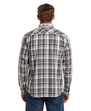 Back view of a man wearing a Long Sleeve Burnout Flannel in Nine Iron, showcasing its classic plaid pattern.