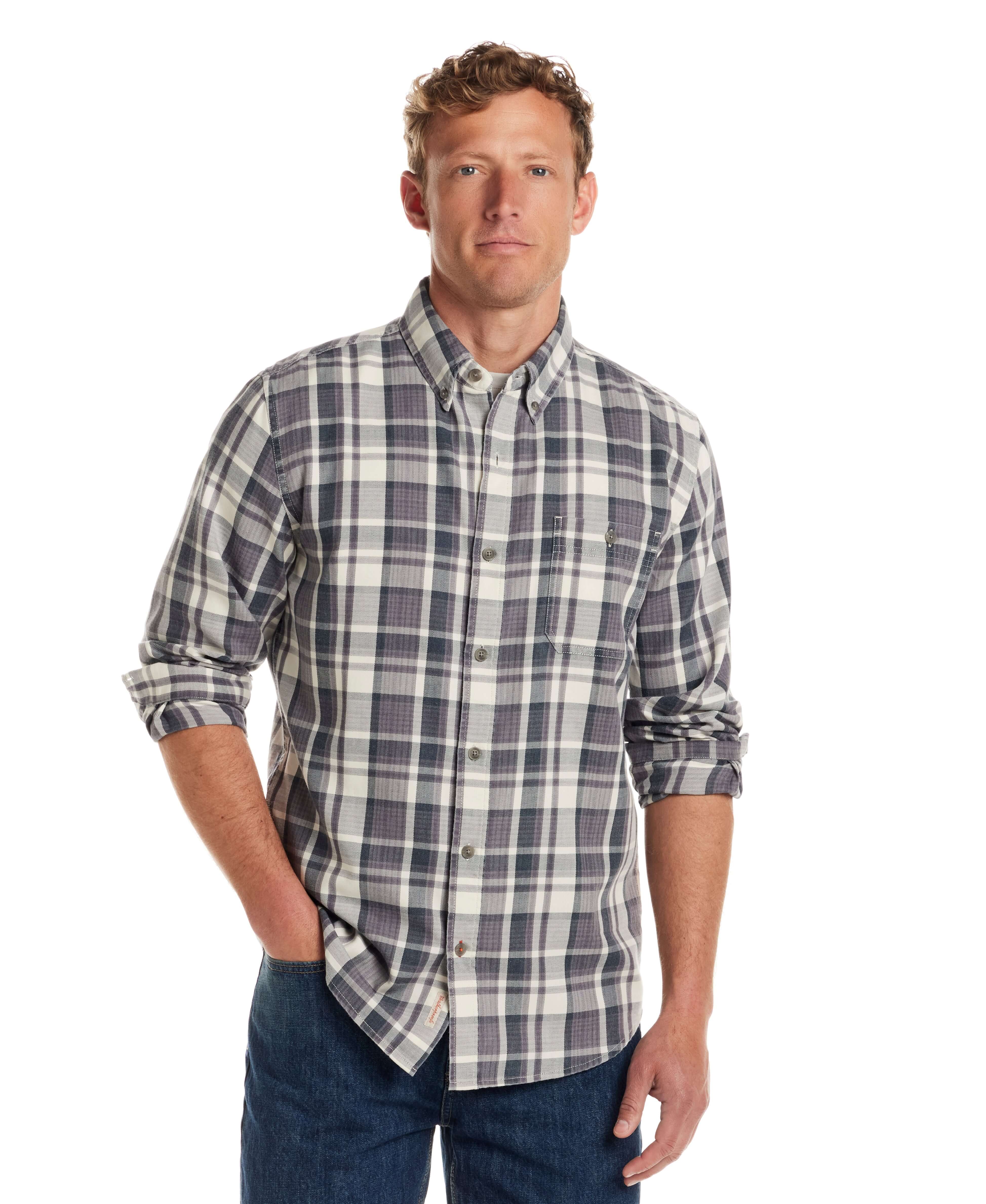 Model wearing a Long Sleeve Burnout Flannel in Nine Iron, featuring a classic fit and weathered look.