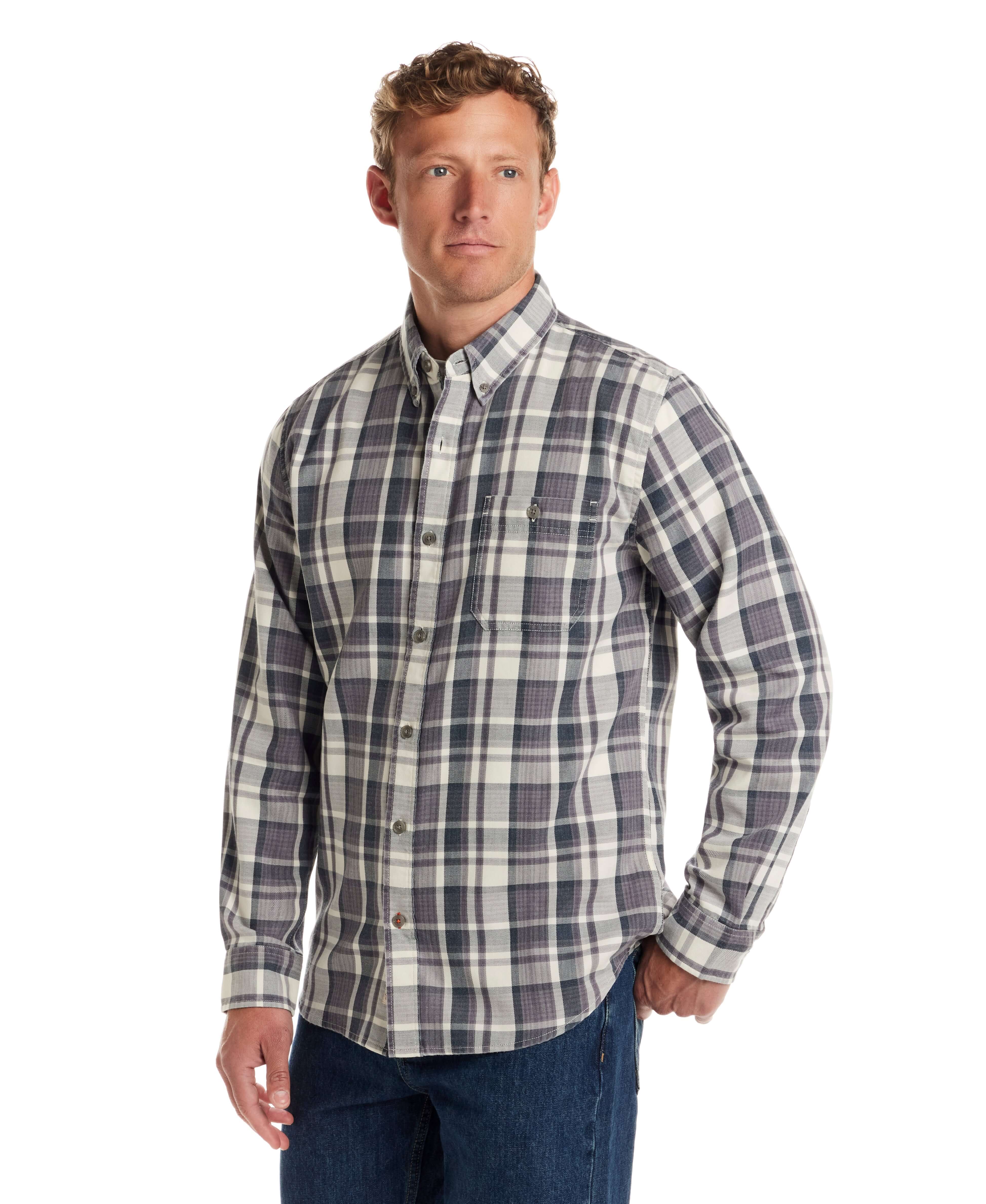 Men's long sleeve burnout flannel shirt in Nine Iron, featuring a classic fit and button cuffed sleeves.