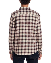 Back view of a rugged long sleeve brushed flannel shirt in Merlot with a classic plaid pattern.