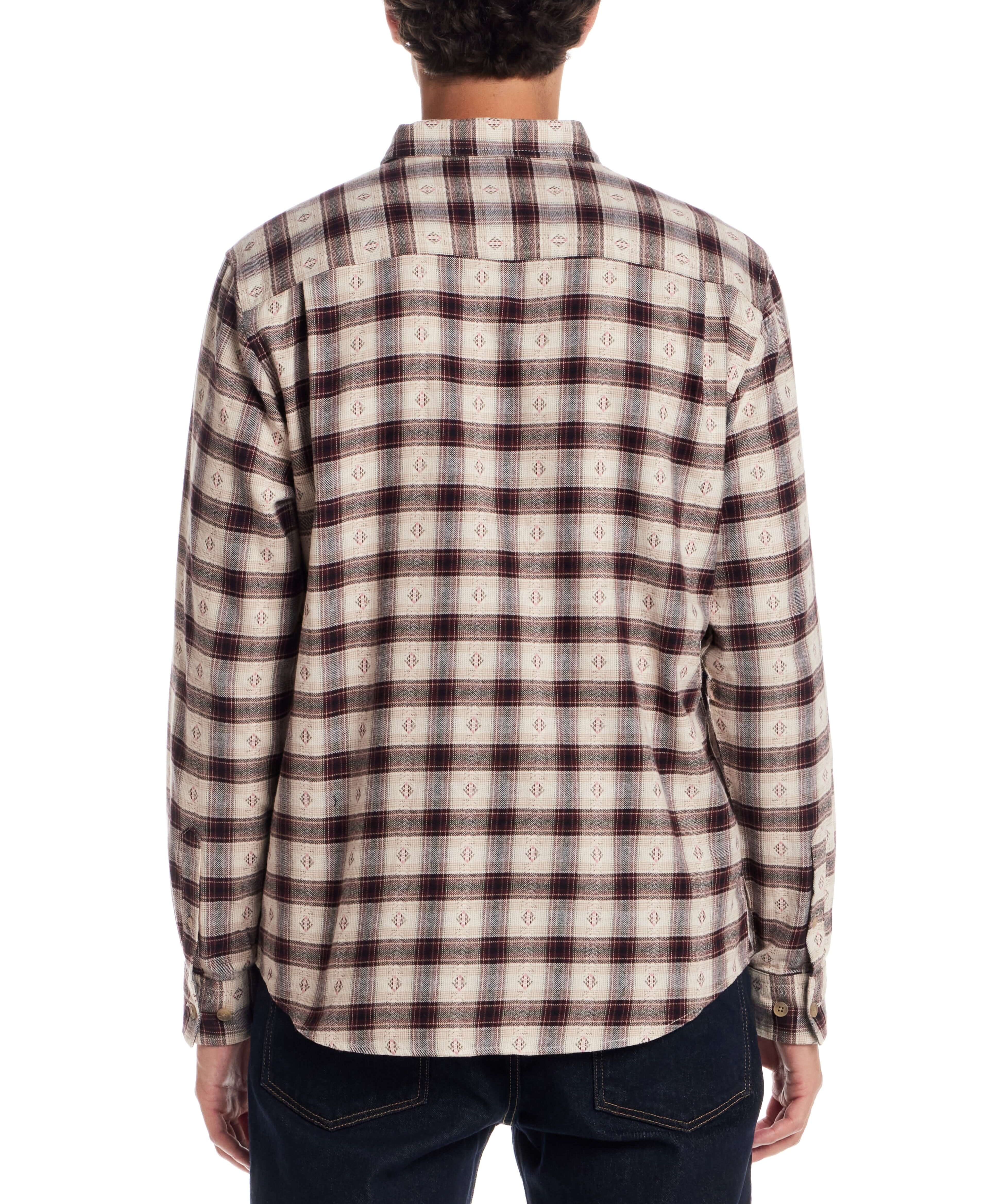 Back view of a rugged long sleeve brushed flannel shirt in Merlot with a classic plaid pattern.