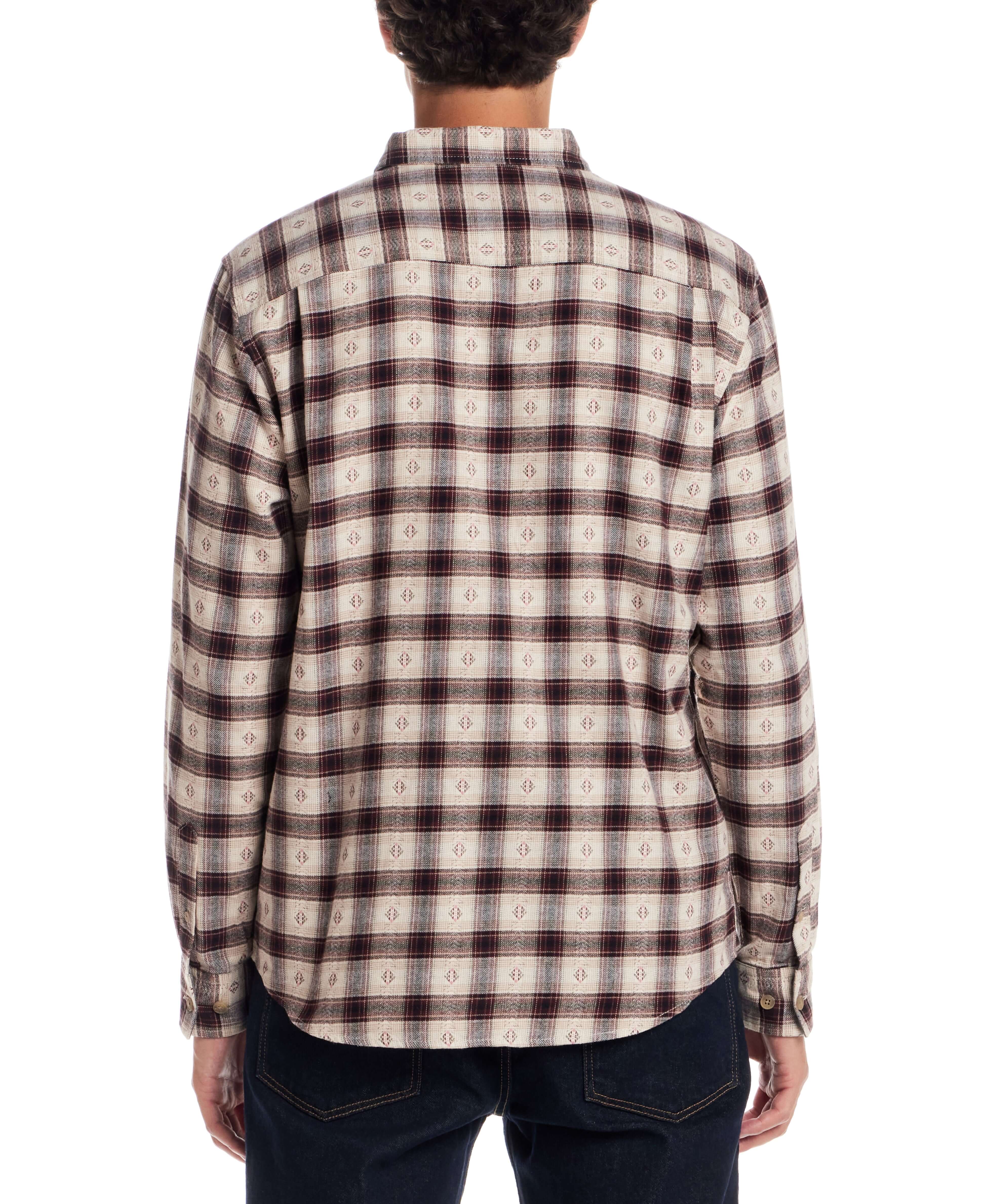 Back view of a rugged long sleeve brushed flannel shirt in Merlot with a classic plaid pattern.
