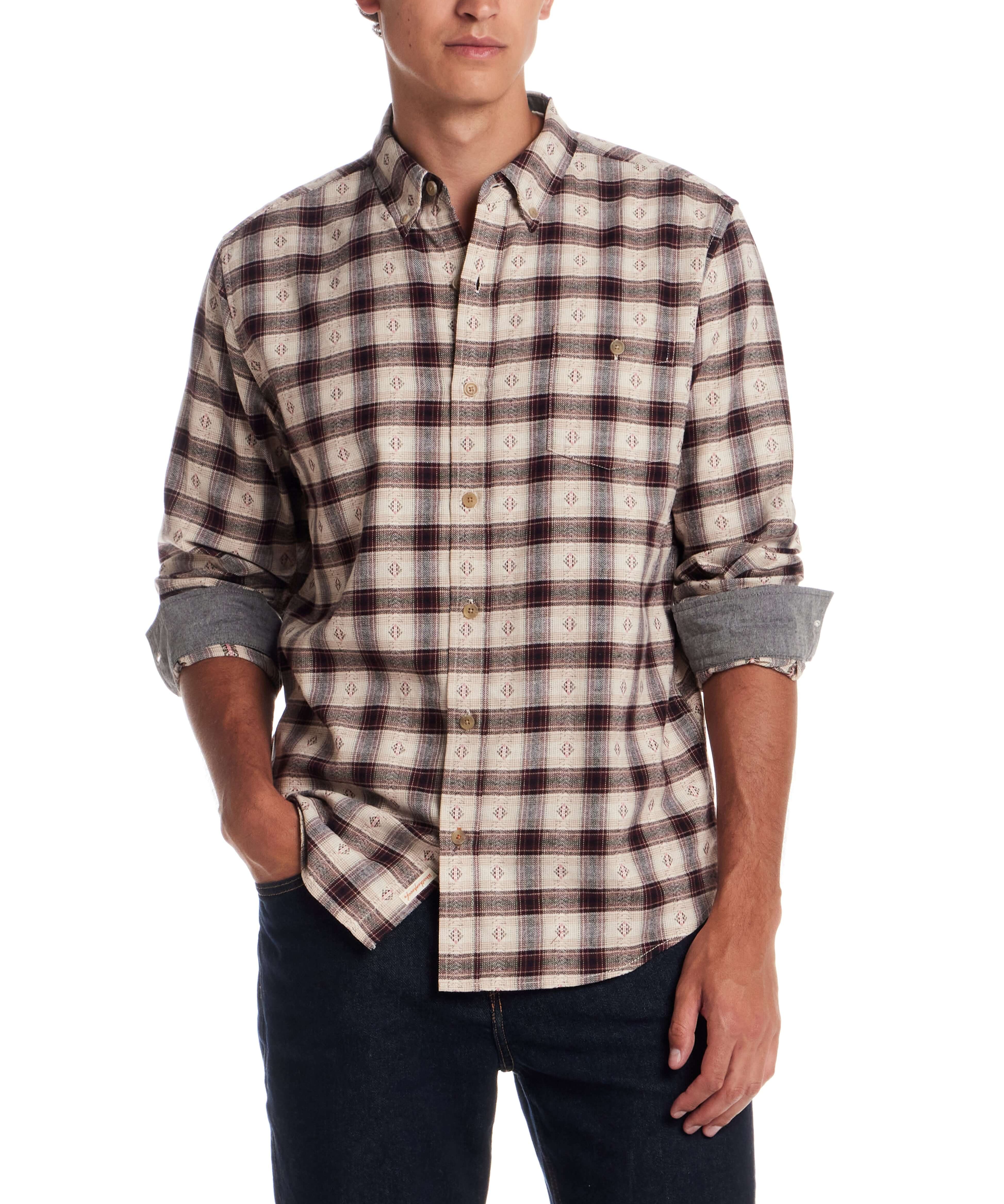 Men's Long Sleeve Brushed Flannel in Merlot, featuring a classic plaid pattern and button-down collar, perfect for layering.
