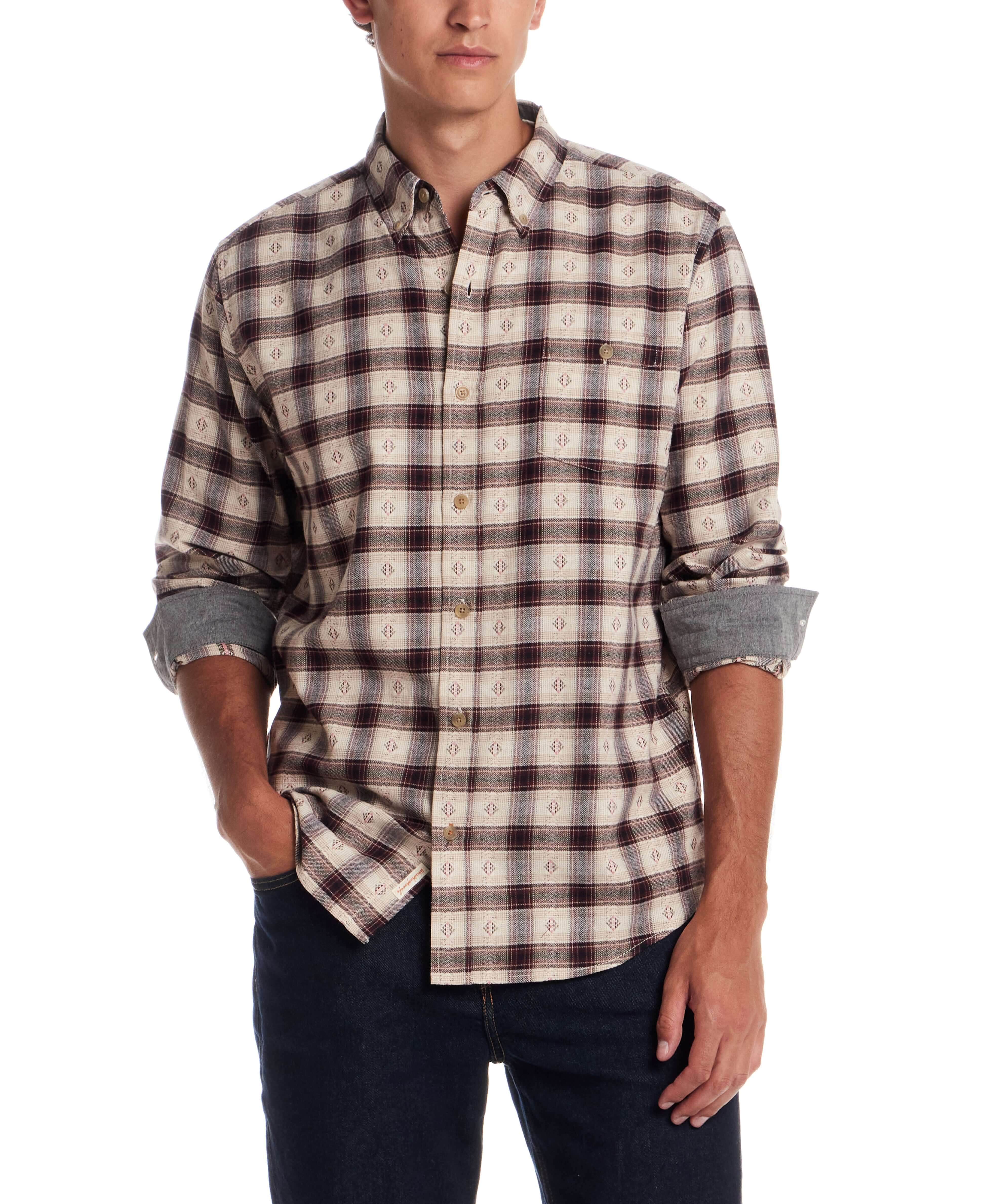 Men's Long Sleeve Brushed Flannel in Merlot, featuring a classic plaid pattern and button-down collar, perfect for layering.