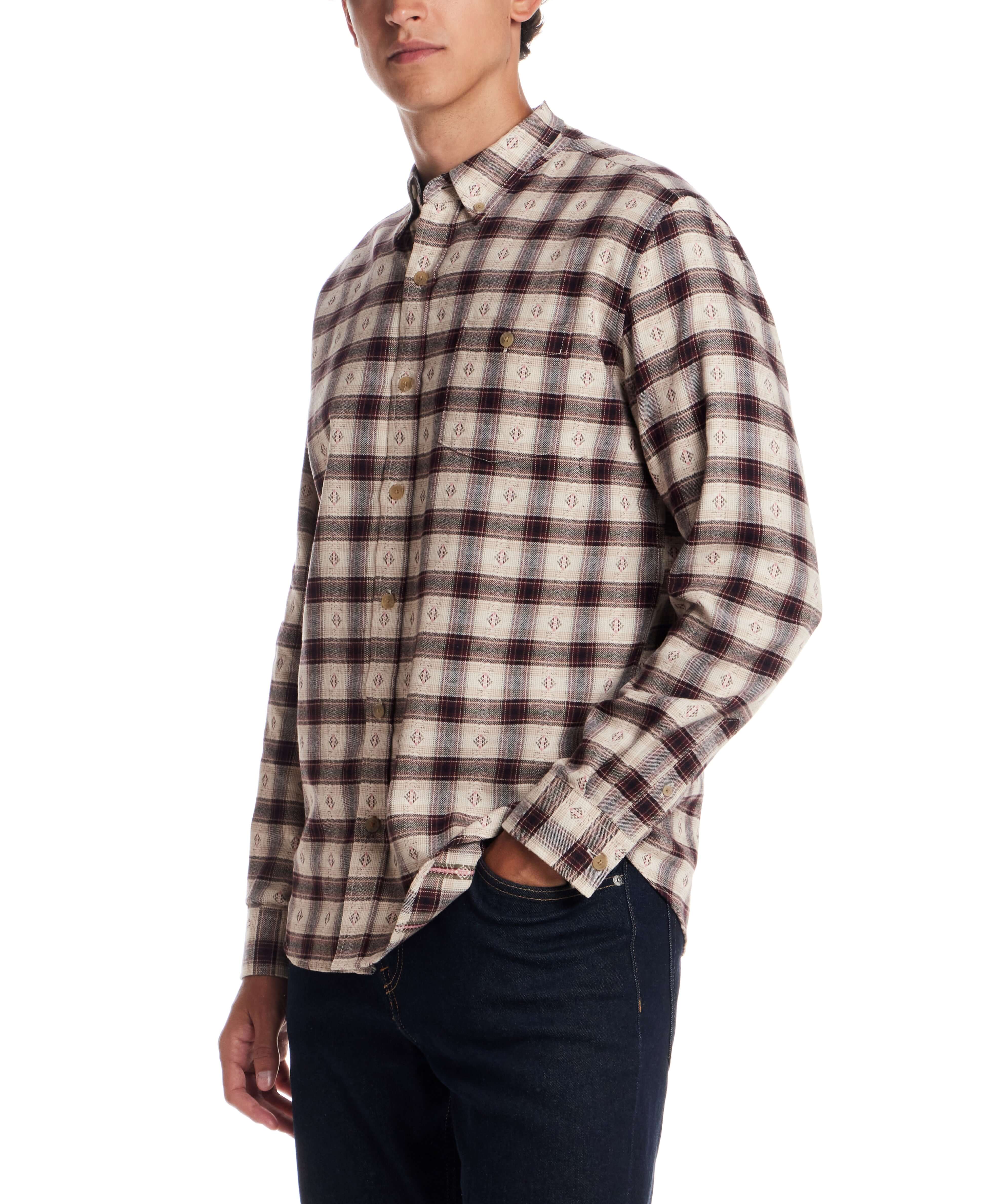 Long sleeve brushed flannel shirt in Merlot, featuring a button-down collar and classic plaid design.