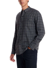 Men's Long Sleeve Brushed Flannel shirt in grey plaid, featuring a button-down collar and soft cotton blend fabric.