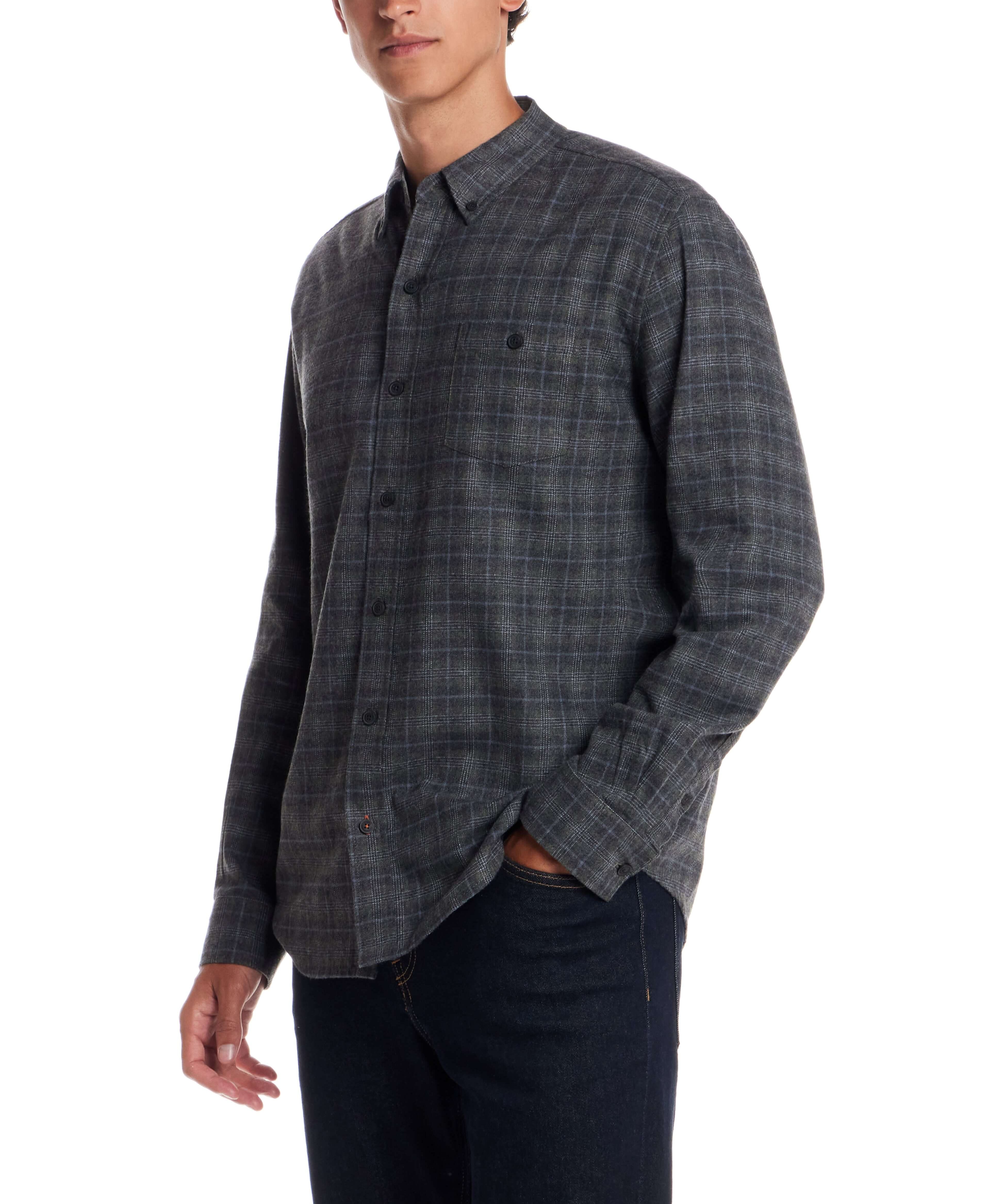 Men's Long Sleeve Brushed Flannel shirt in grey plaid, featuring a button-down collar and soft cotton blend fabric.