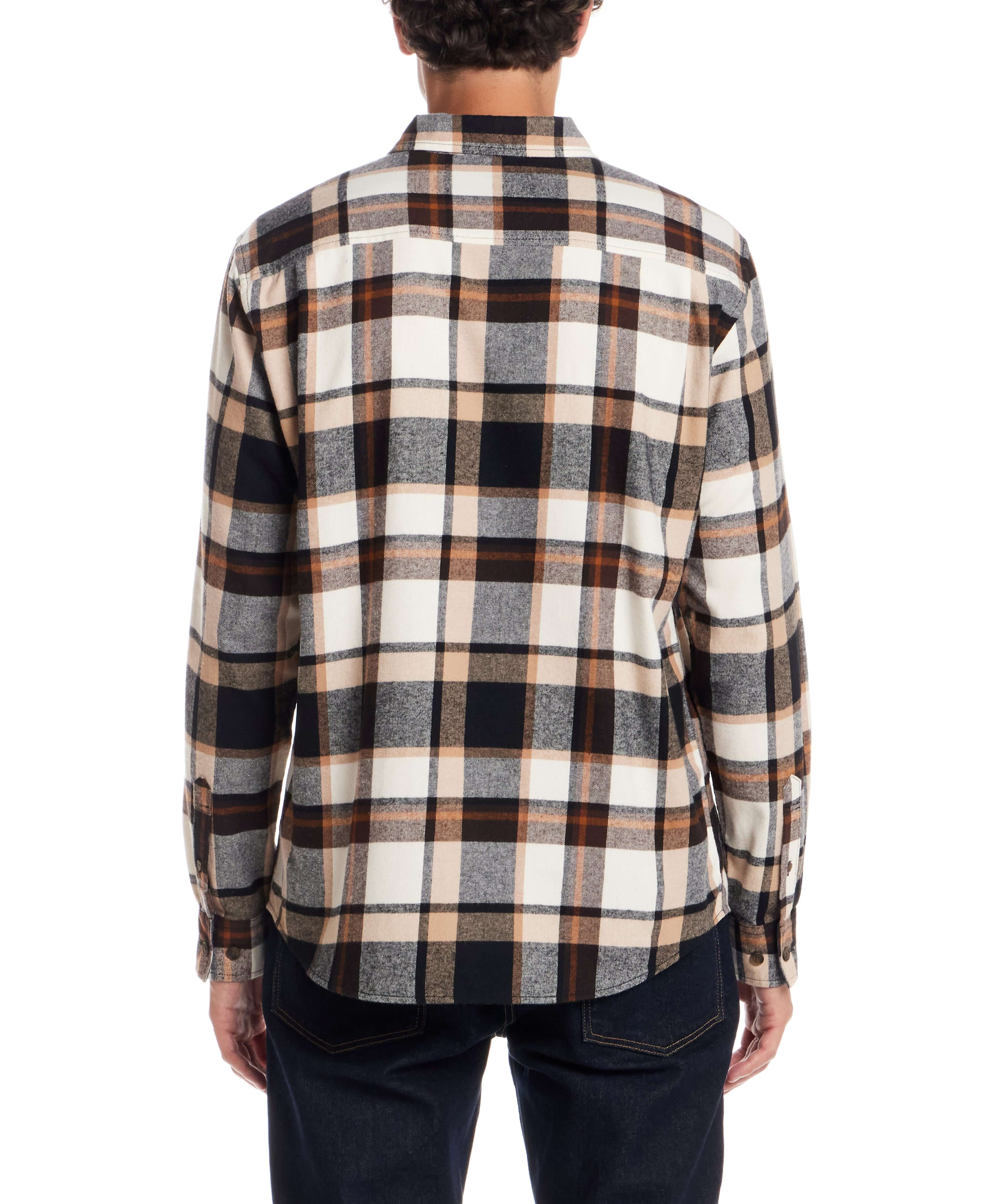 Back view of Long Sleeve Brushed Flannel in Caramel Cafe, showcasing its classic plaid pattern and button-down style.