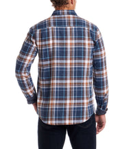 Back view of Long Sleeve Brushed Flannel shirt in Oceana with plaid pattern in blue, brown, and orange.