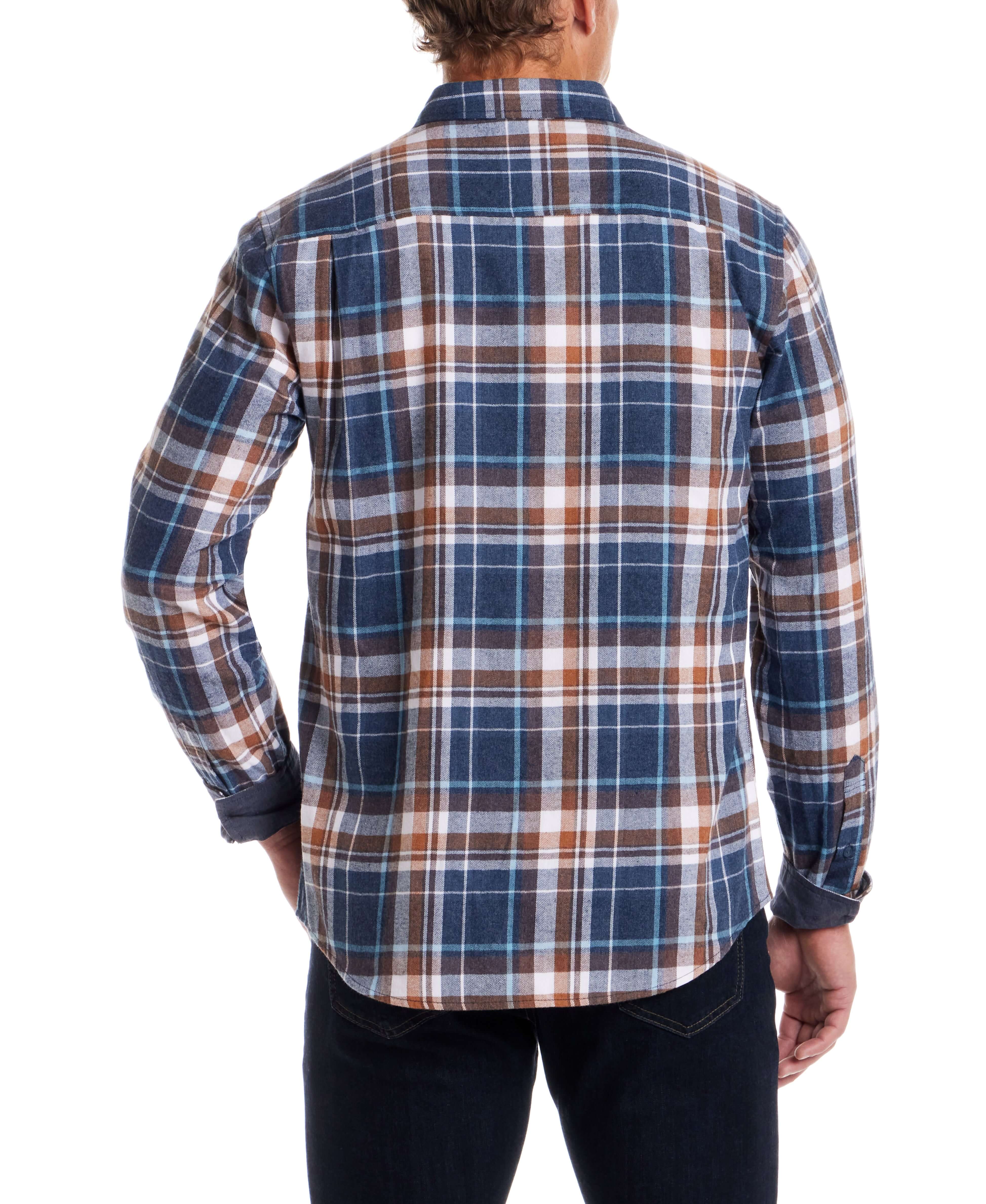 Back view of Long Sleeve Brushed Flannel shirt in Oceana with plaid pattern in blue, brown, and orange.
