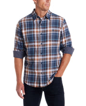 Men's long sleeve brushed flannel shirt in Oceana, featuring a classic plaid design in blue and brown.