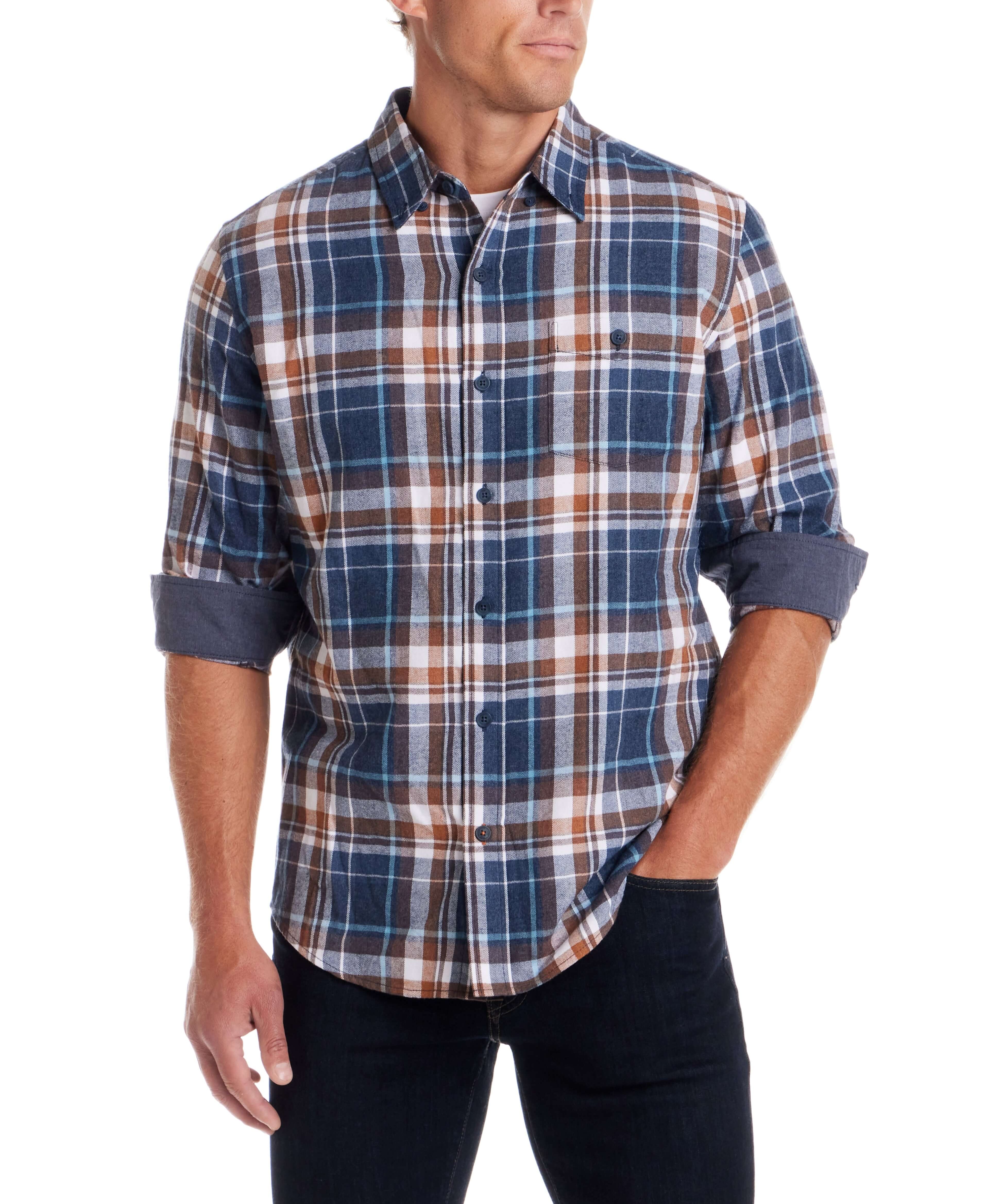 Men's long sleeve brushed flannel shirt in Oceana, featuring a classic plaid design in blue and brown.