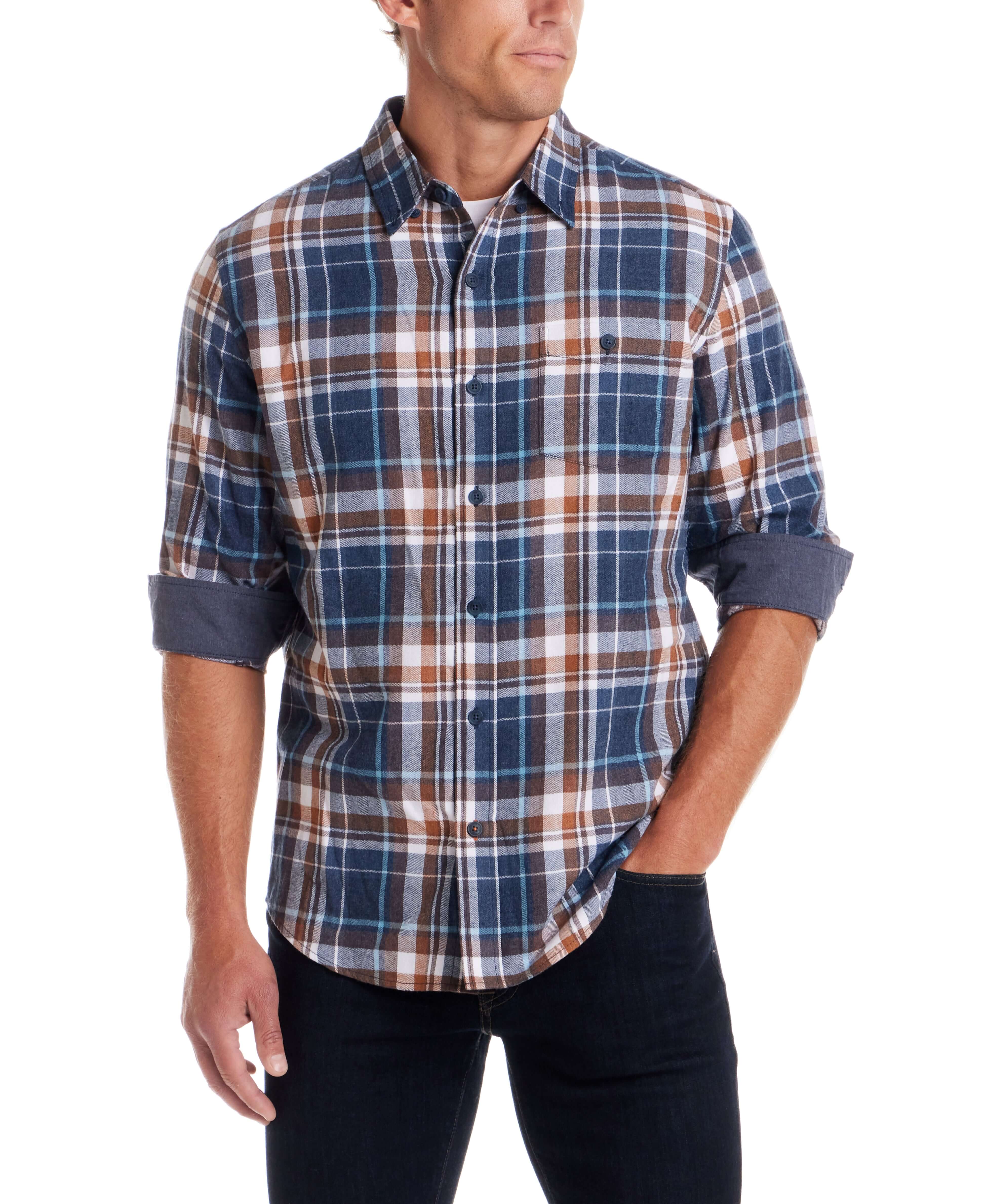 Men's long sleeve brushed flannel shirt in Oceana, featuring a classic plaid design in blue and brown.