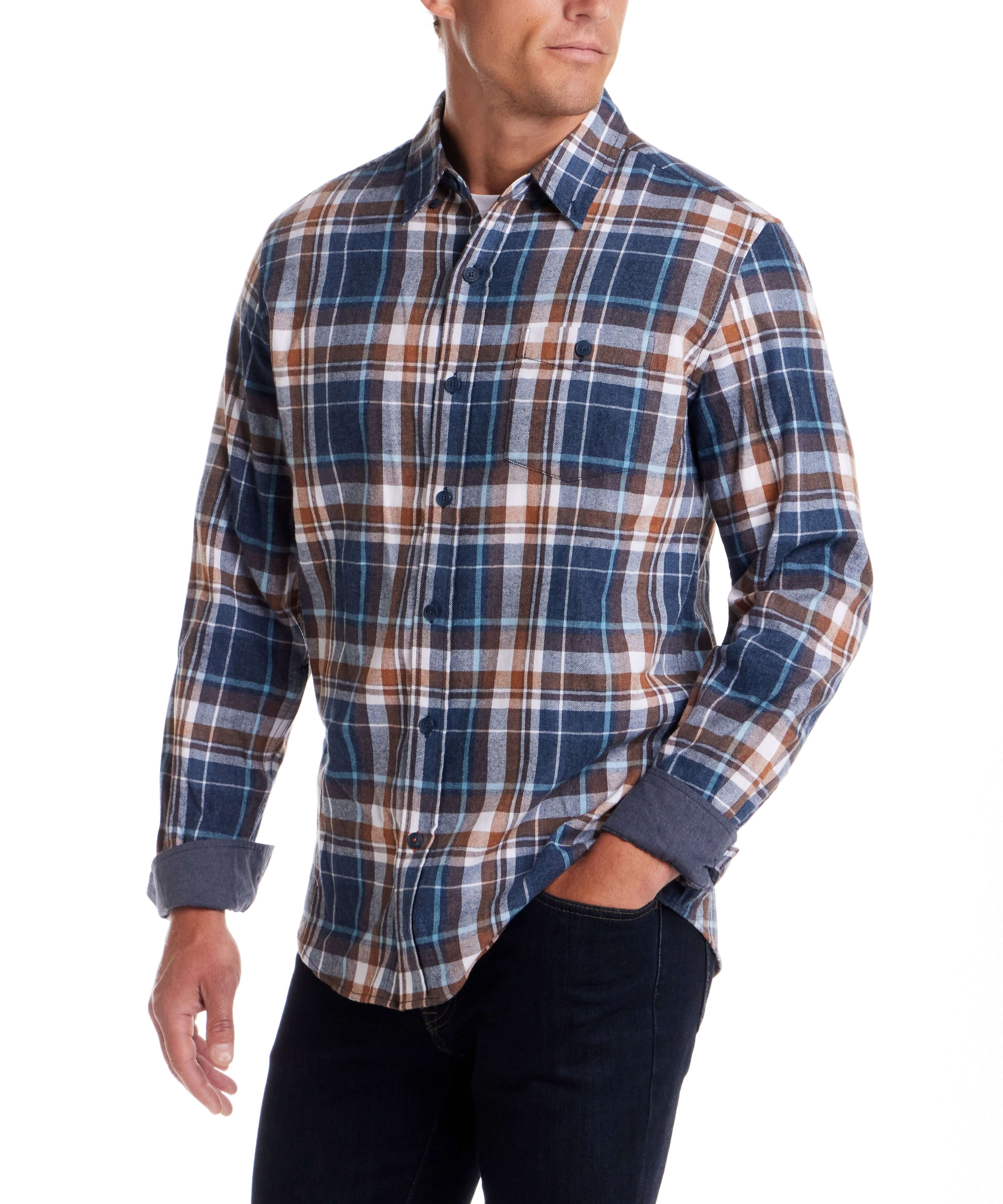 Men's Long Sleeve Brushed Flannel Shirt in Oceana, featuring a plaid design, button-down collar, and buttoned breast pocket.