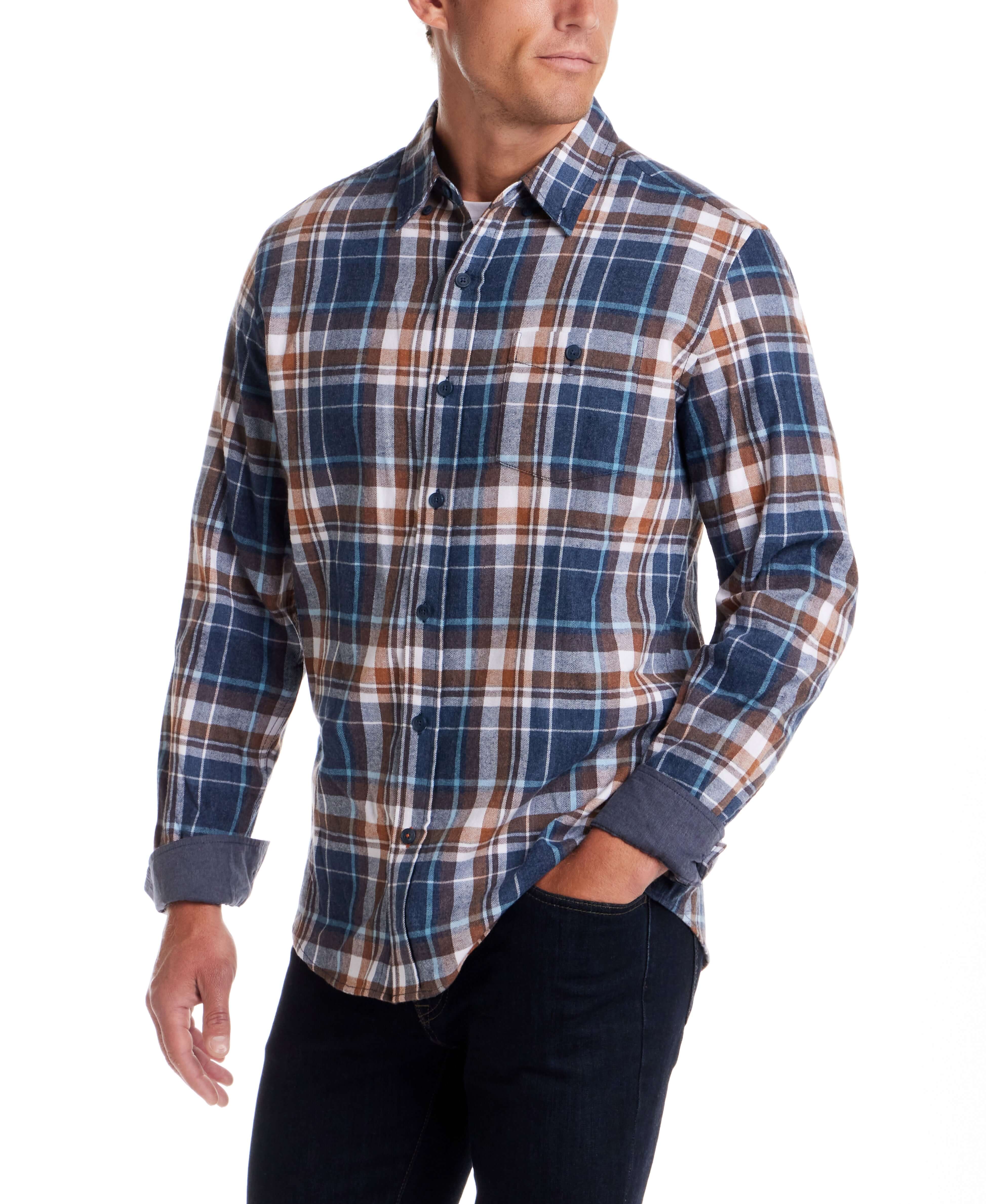 Men's Long Sleeve Brushed Flannel Shirt in Oceana, featuring a plaid design, button-down collar, and buttoned breast pocket.