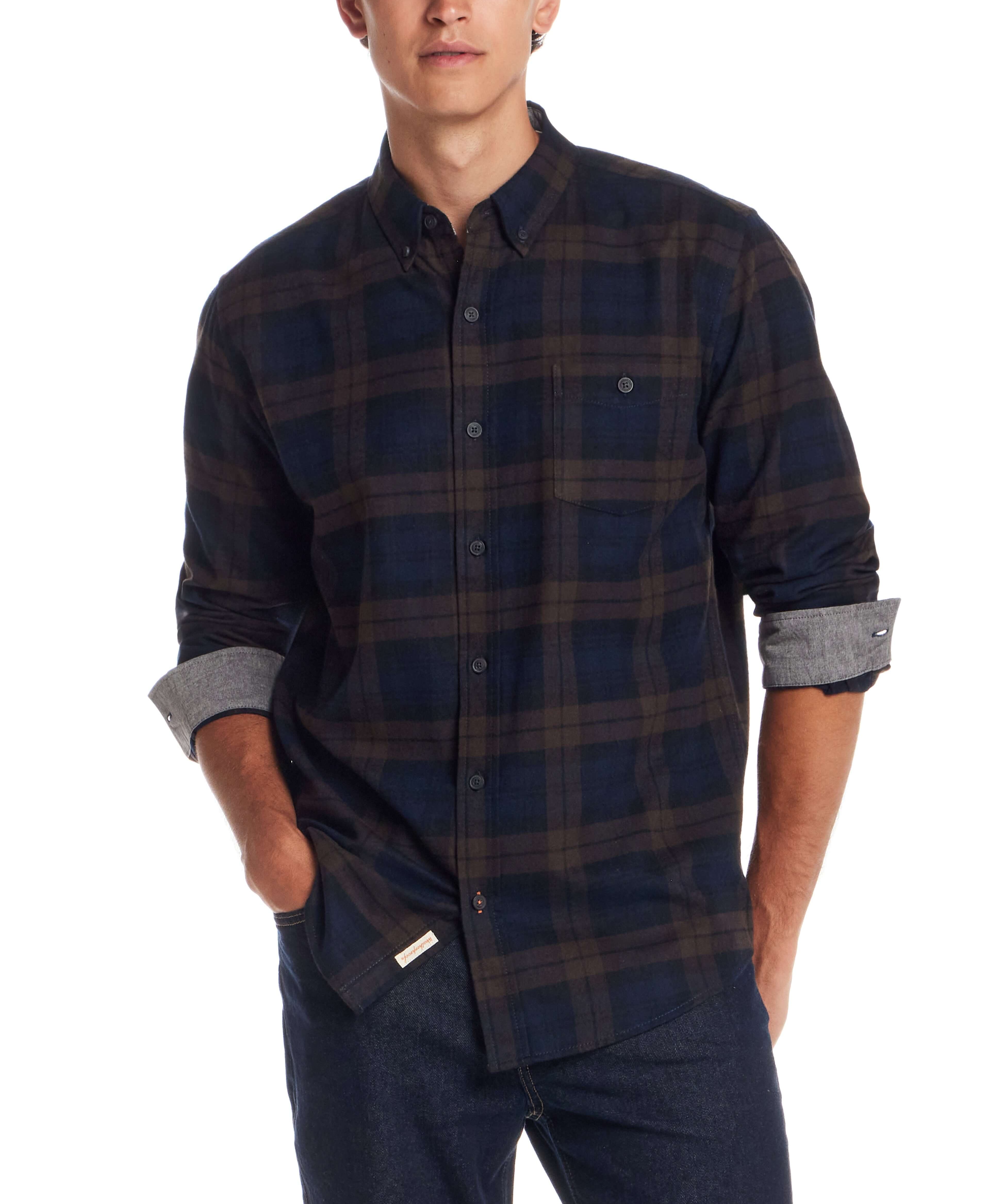 Men's long sleeve brushed flannel shirt in toffee, featuring a classic plaid pattern and button-down collar, perfect for layering.