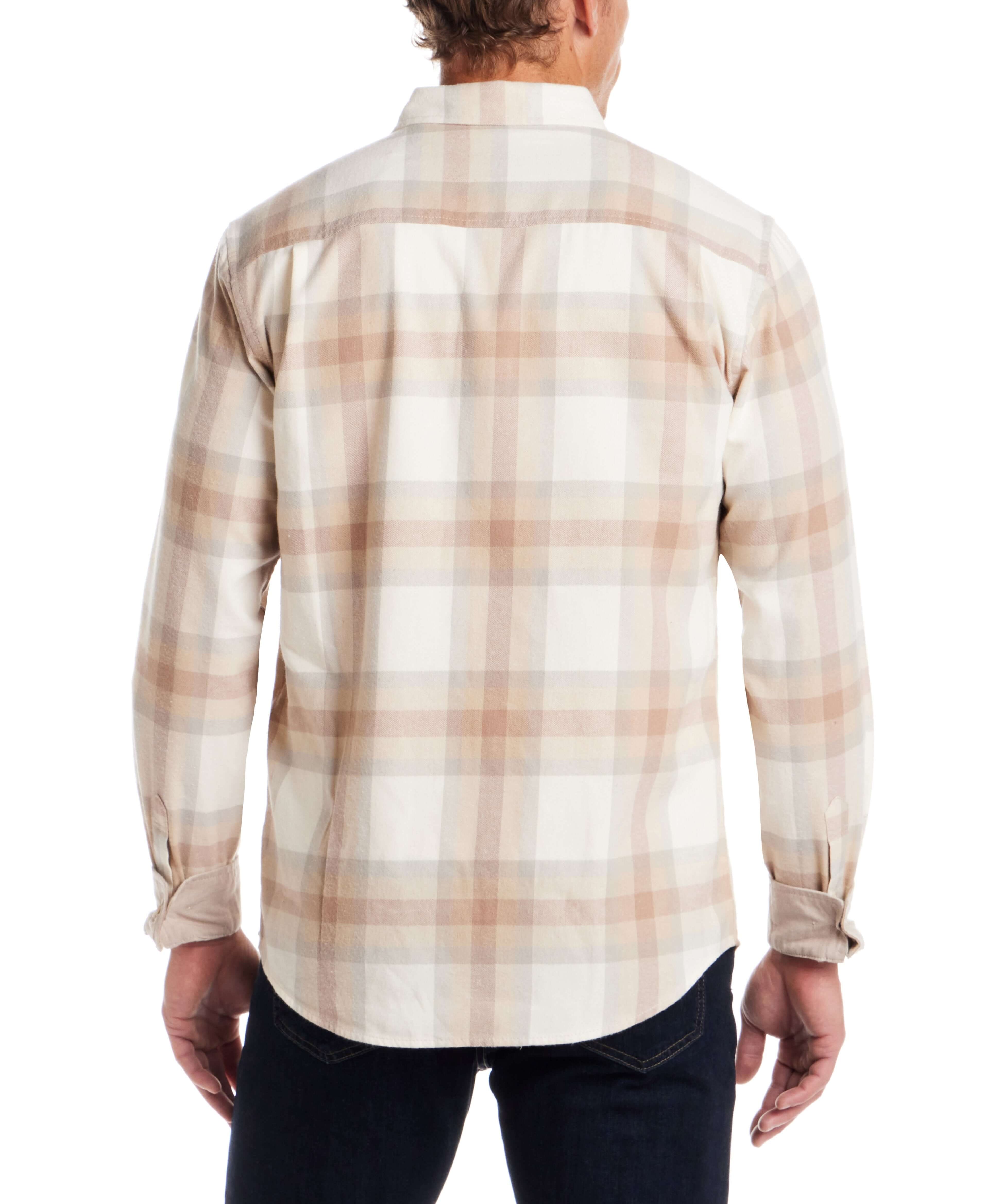 Back view of a man's long sleeve brushed flannel shirt in Whitecap Grey with a plaid pattern, ideal for layering.