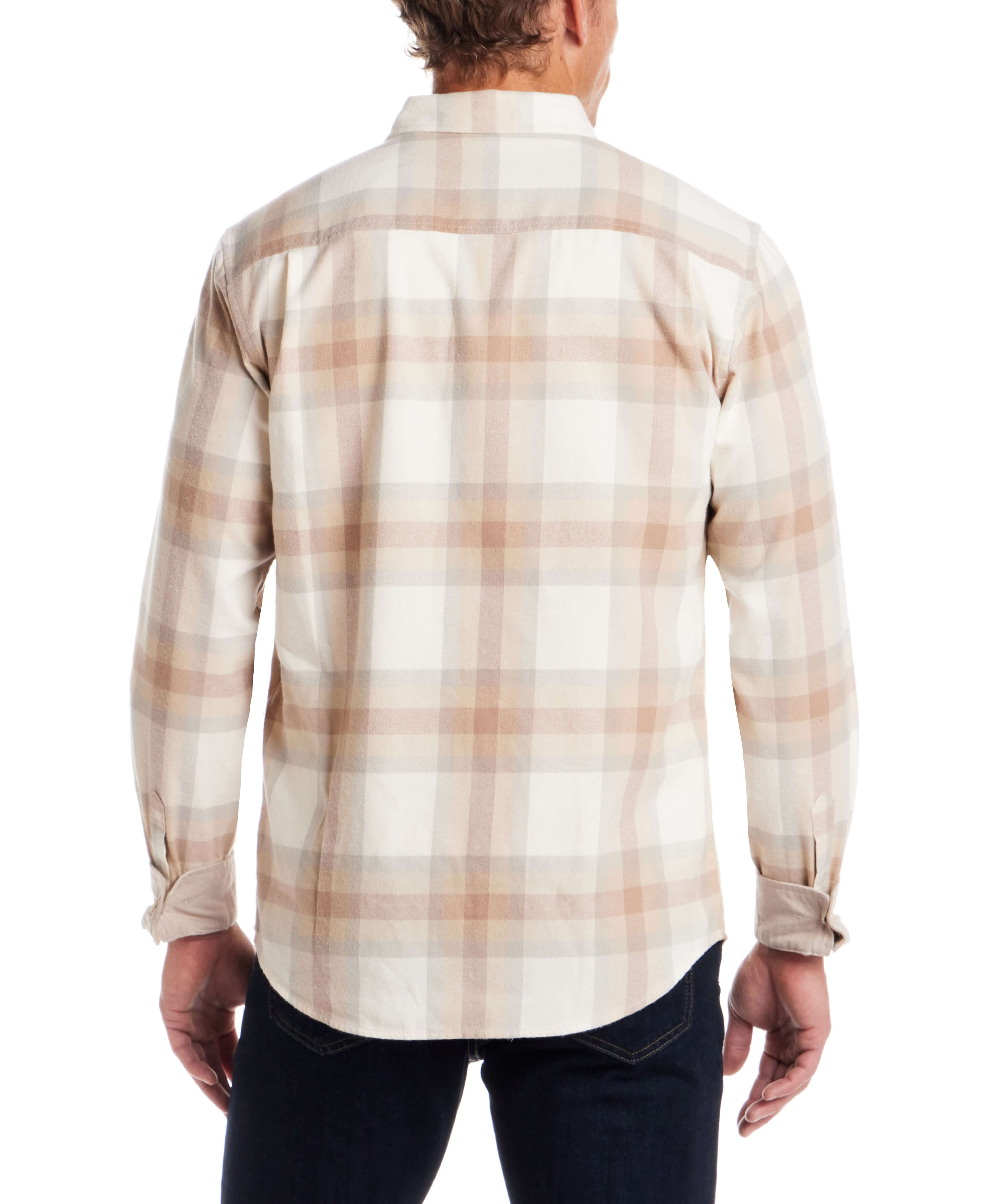 Back view of a man's long sleeve brushed flannel shirt in Whitecap Grey with a plaid pattern, ideal for layering.