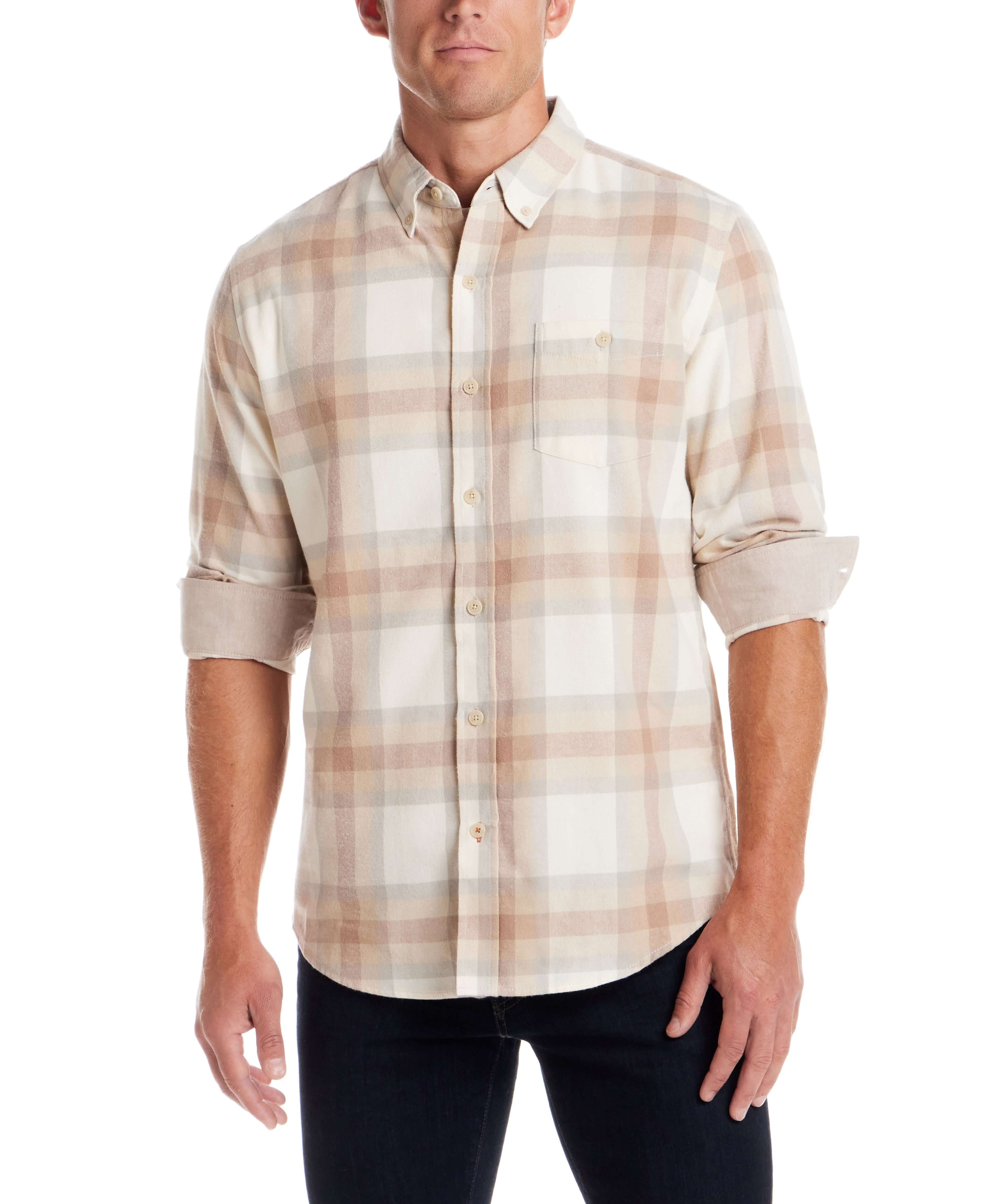Men's long sleeve brushed flannel shirt in Whitecap Grey, featuring a button-down collar and a relaxed fit for layering.