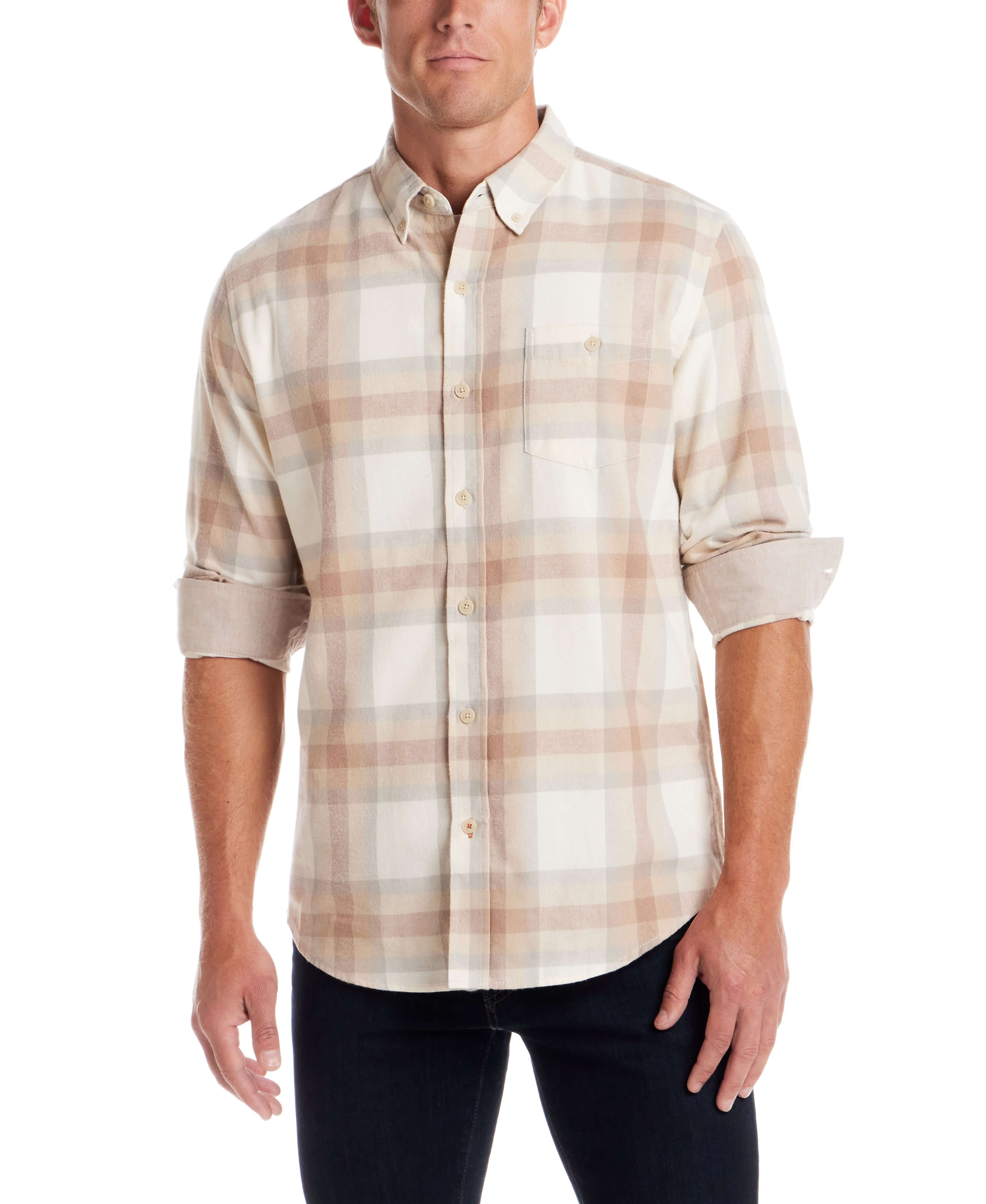 Men's long sleeve brushed flannel shirt in Whitecap Grey, featuring a button-down collar and a relaxed fit for layering.