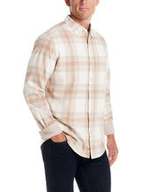 Men's long sleeve brushed flannel shirt in beige and tan plaid, featuring button-down collar and relaxed fit.
