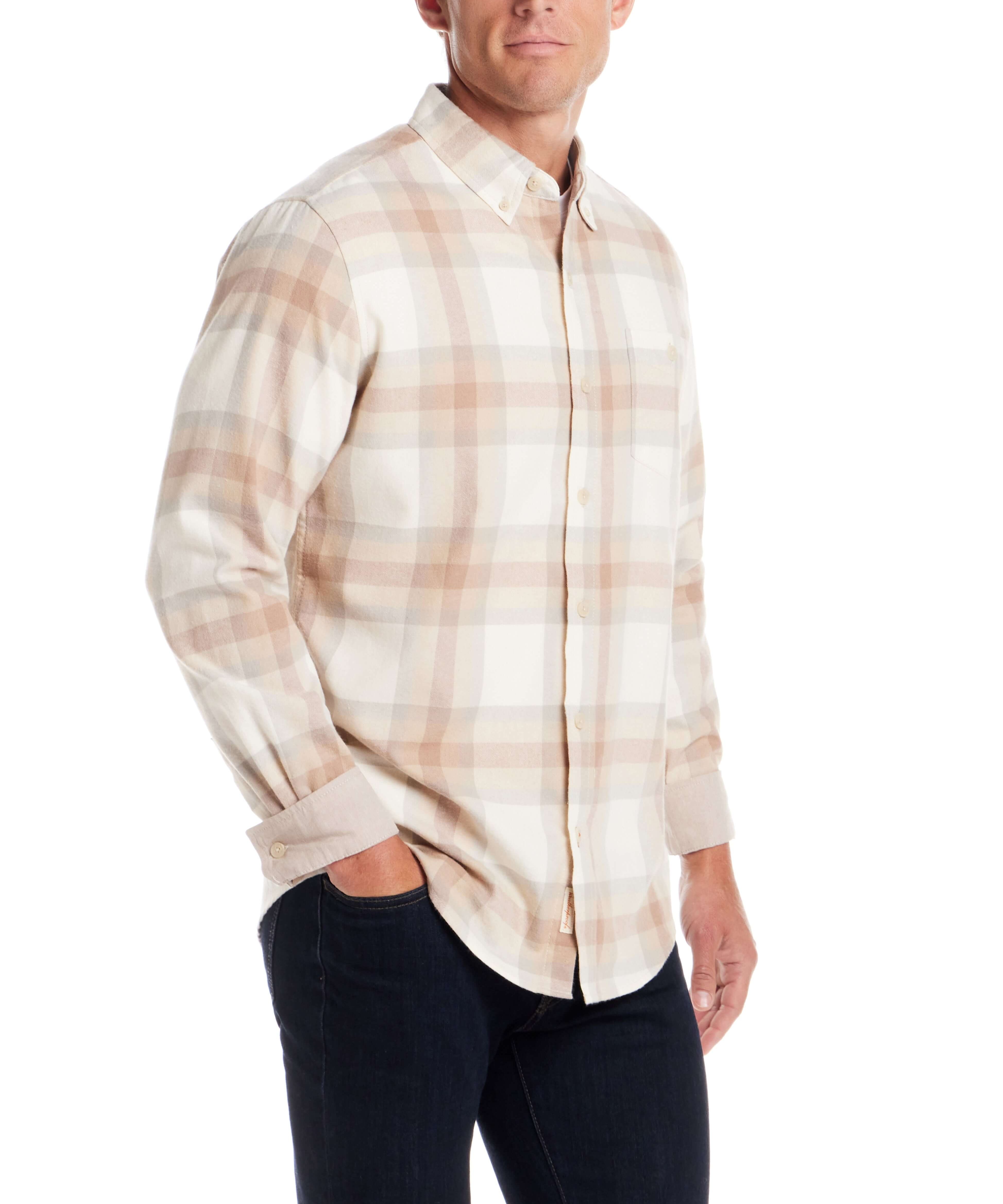 Men's long sleeve brushed flannel shirt in beige and tan plaid, featuring button-down collar and relaxed fit.