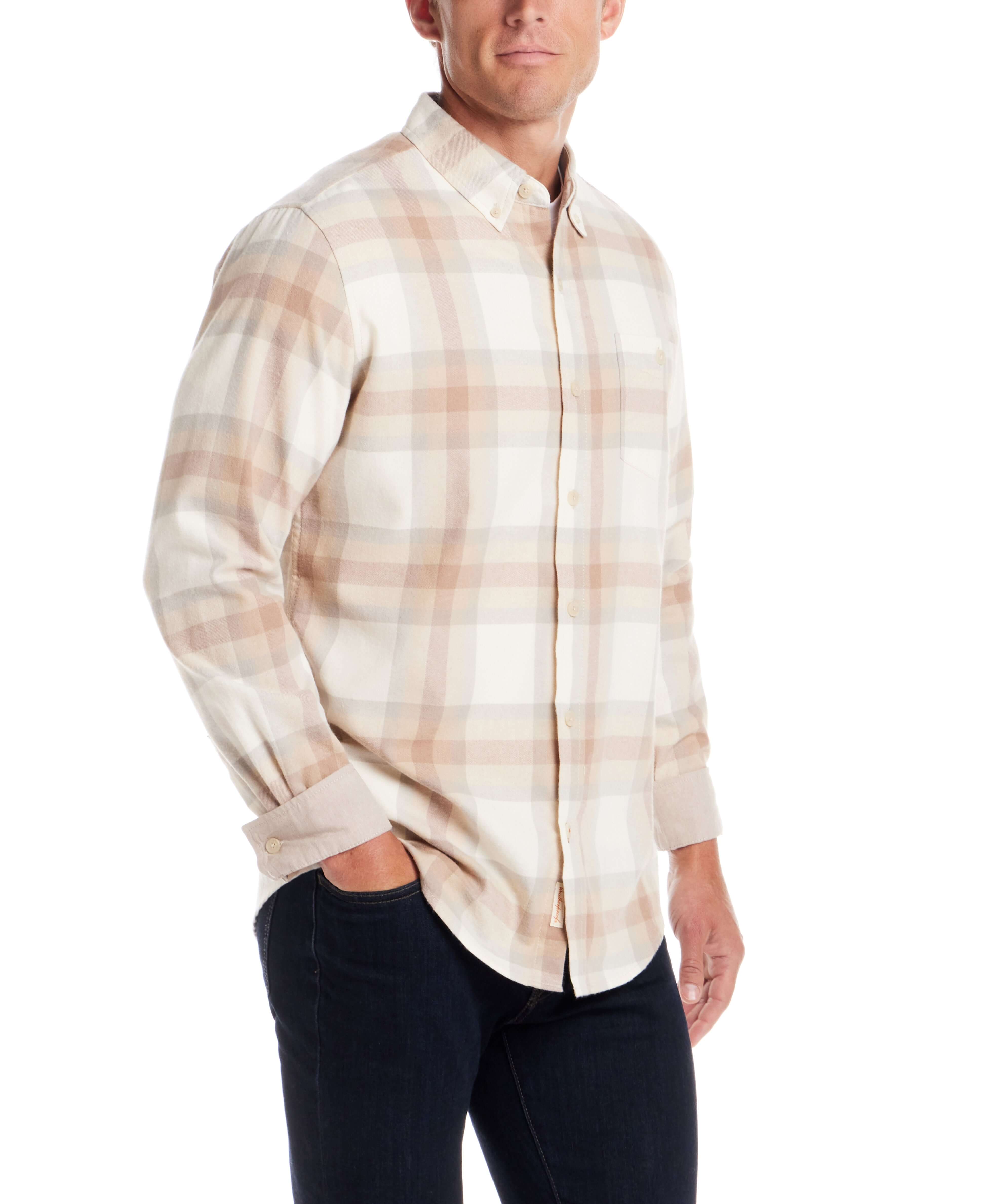 Men's long sleeve brushed flannel shirt in beige and tan plaid, featuring button-down collar and relaxed fit.