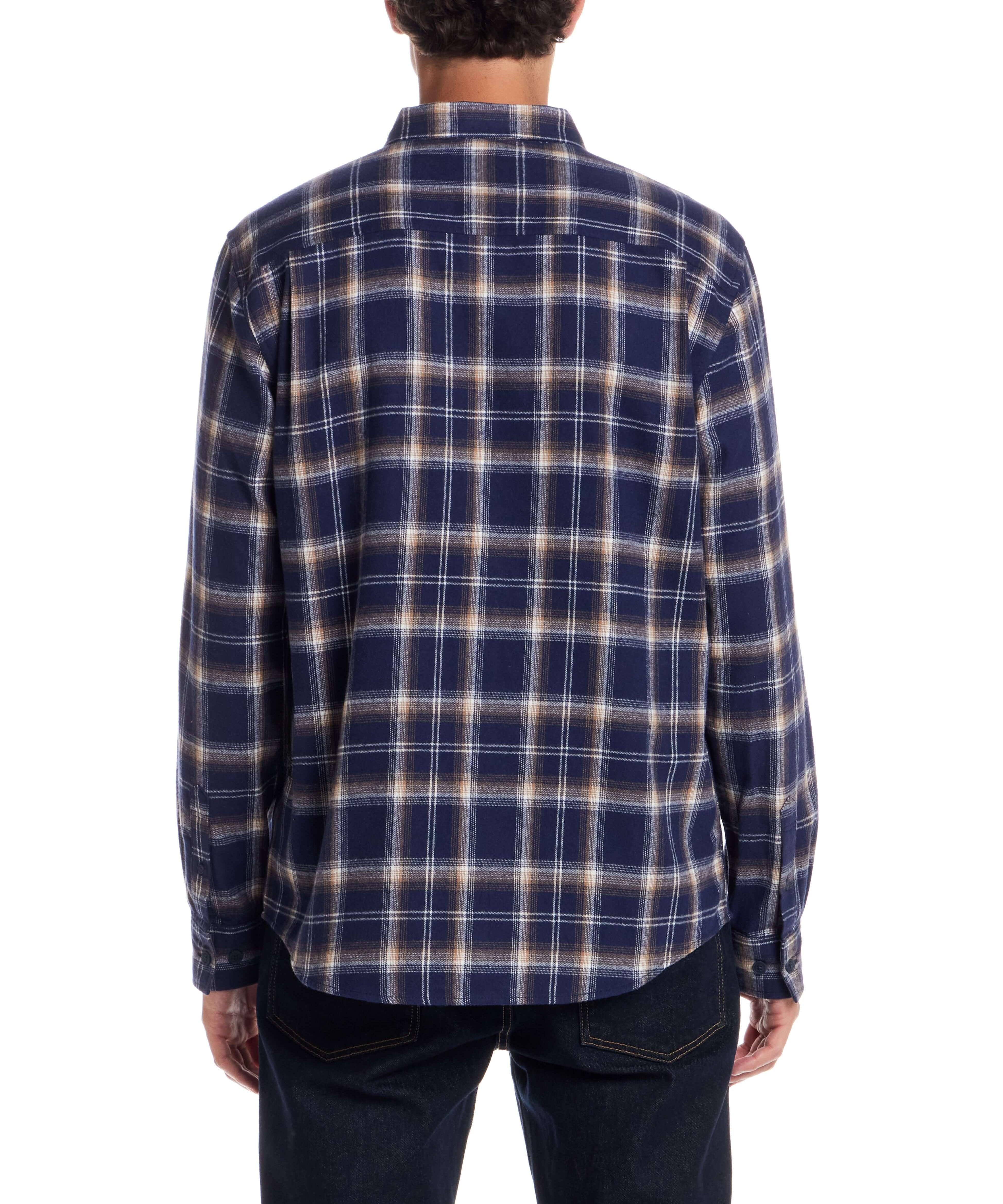 Back view of the Long Sleeve Brushed Flannel in Ocean Cavern, showcasing its classic plaid design and comfortable fit.