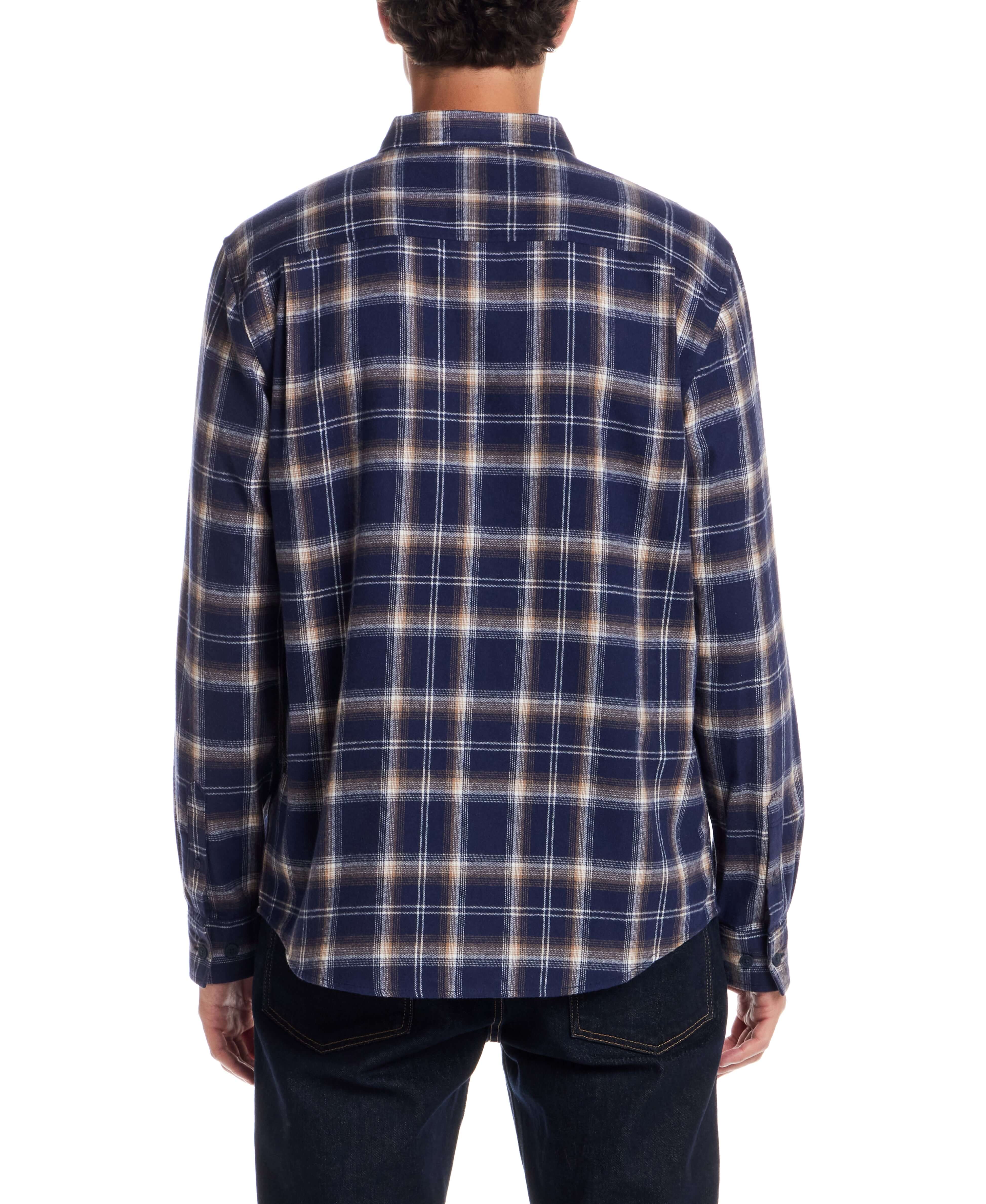 Back view of the Long Sleeve Brushed Flannel in Ocean Cavern, showcasing its classic plaid design and comfortable fit.
