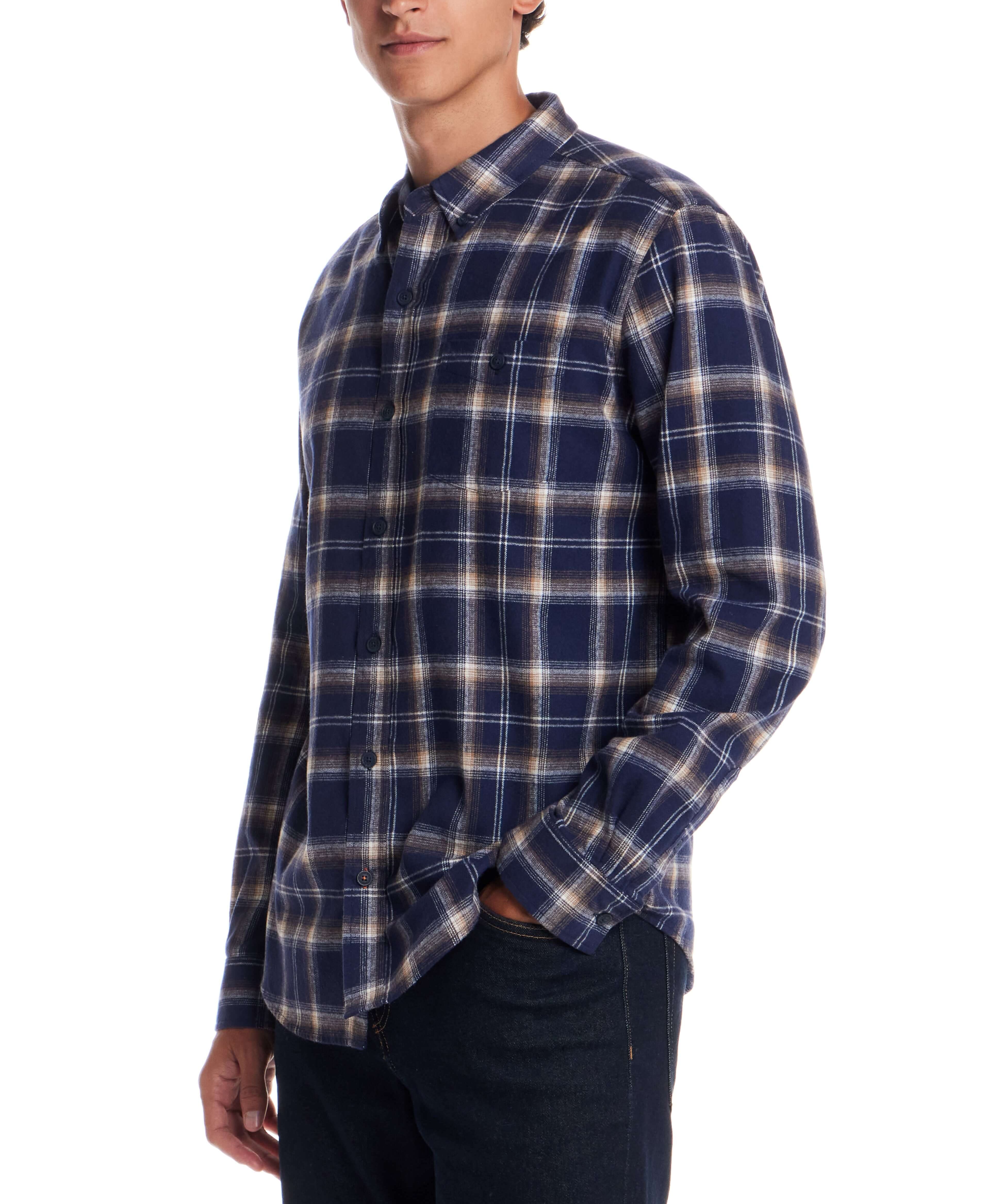Men's long sleeve brushed flannel shirt in Ocean Cavern, featuring a button-down collar and classic plaid design.