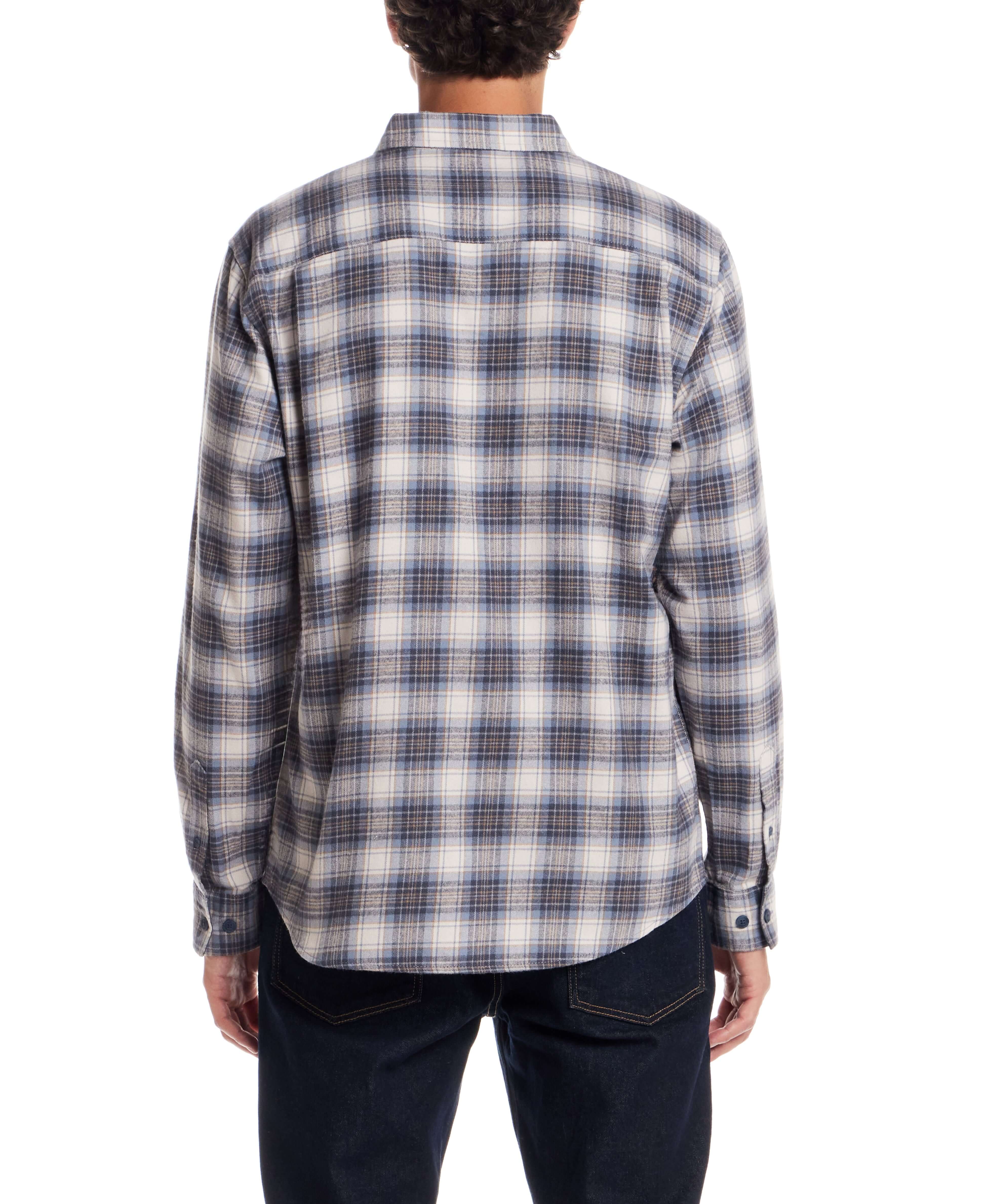 Back view of Long Sleeve Brushed Flannel shirt in Windward Blue with plaid pattern, ideal for layering and casual wear.