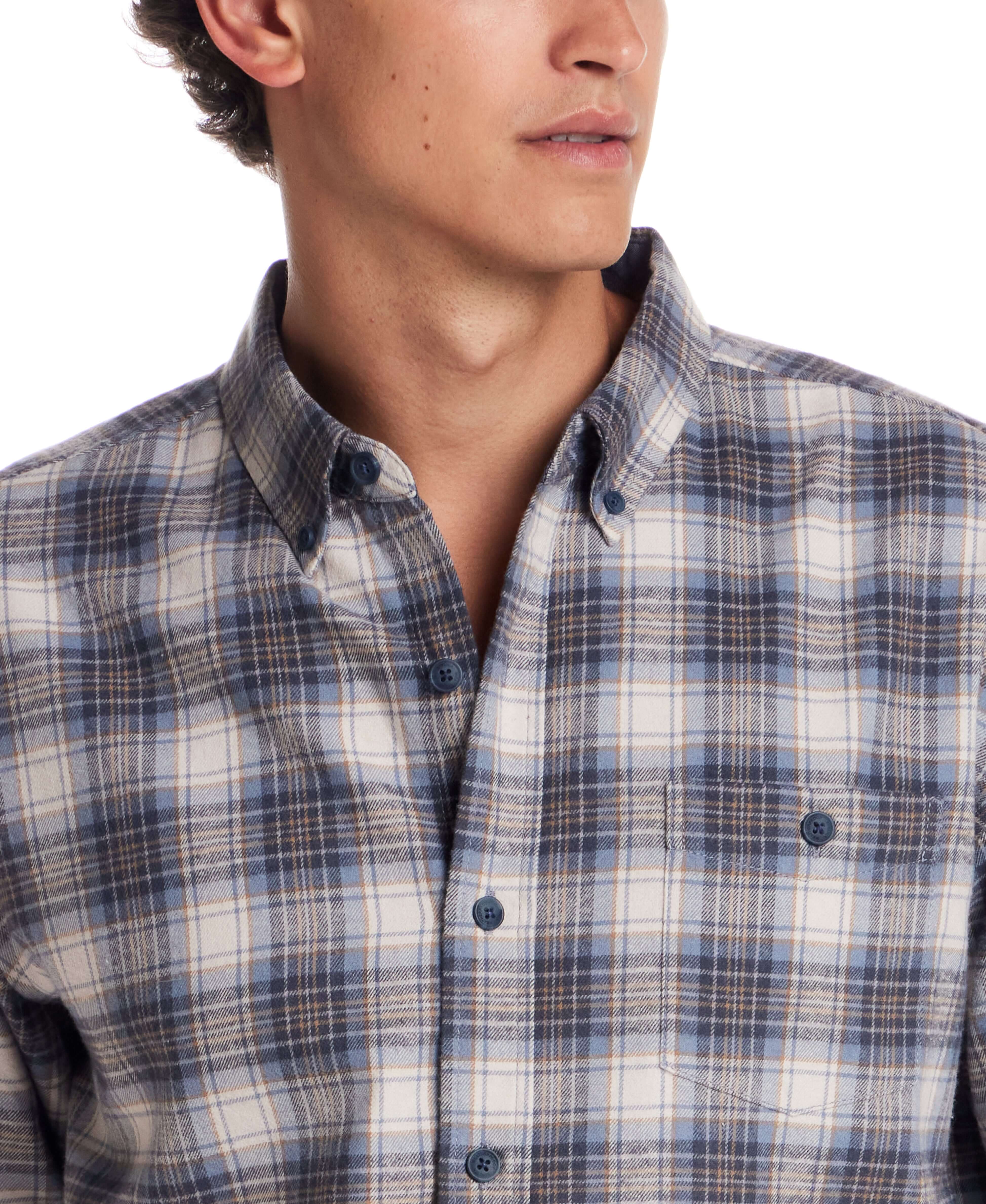 Men's long sleeve brushed flannel shirt in Windward Blue with button-down collar and chest pocket.