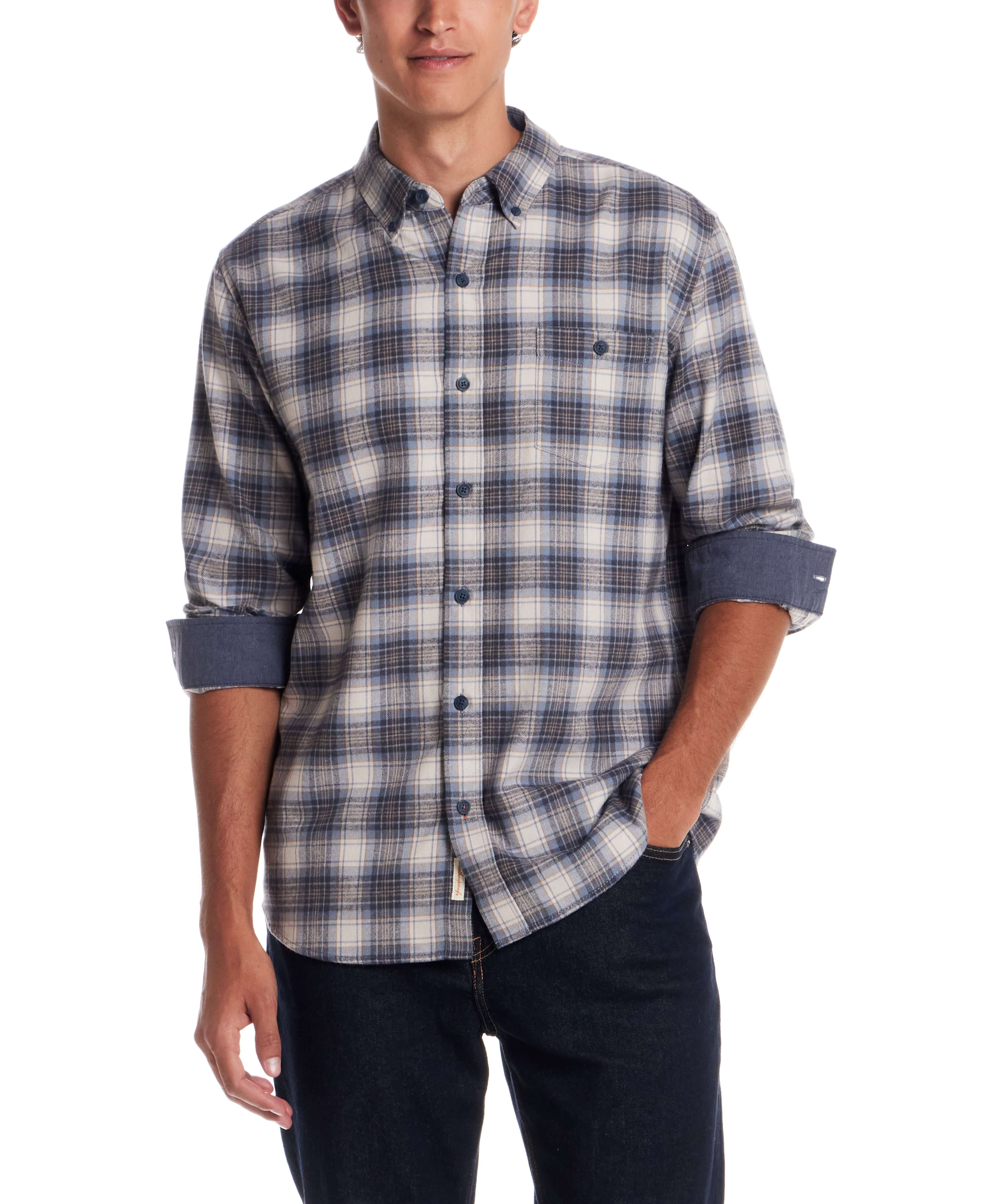 Long sleeve brushed flannel shirt in Windward Blue, featuring button-down collar and chest pocket, perfect for layering.