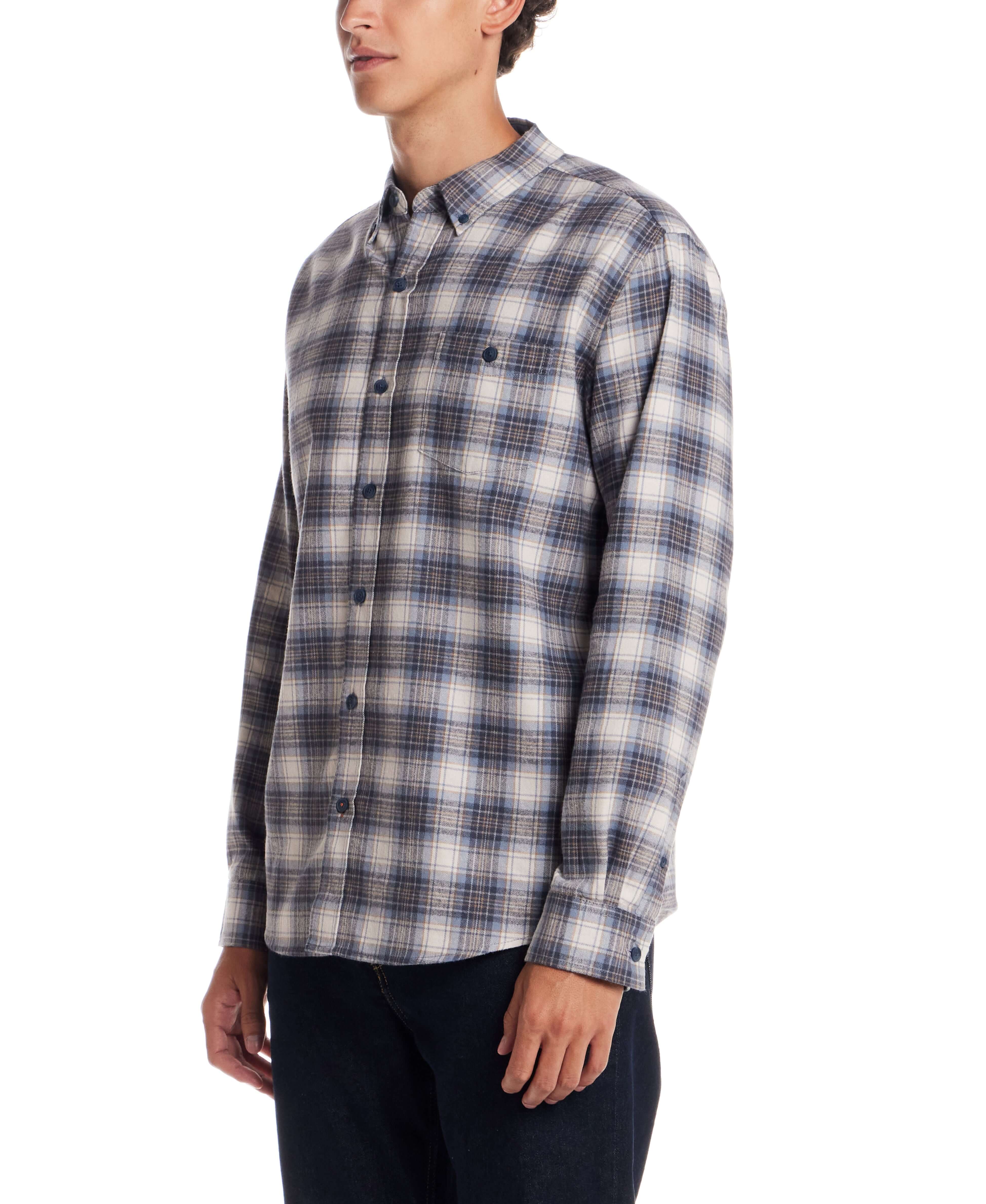 Long sleeve brushed flannel shirt in windward blue with classic button-down collar and plaid pattern.