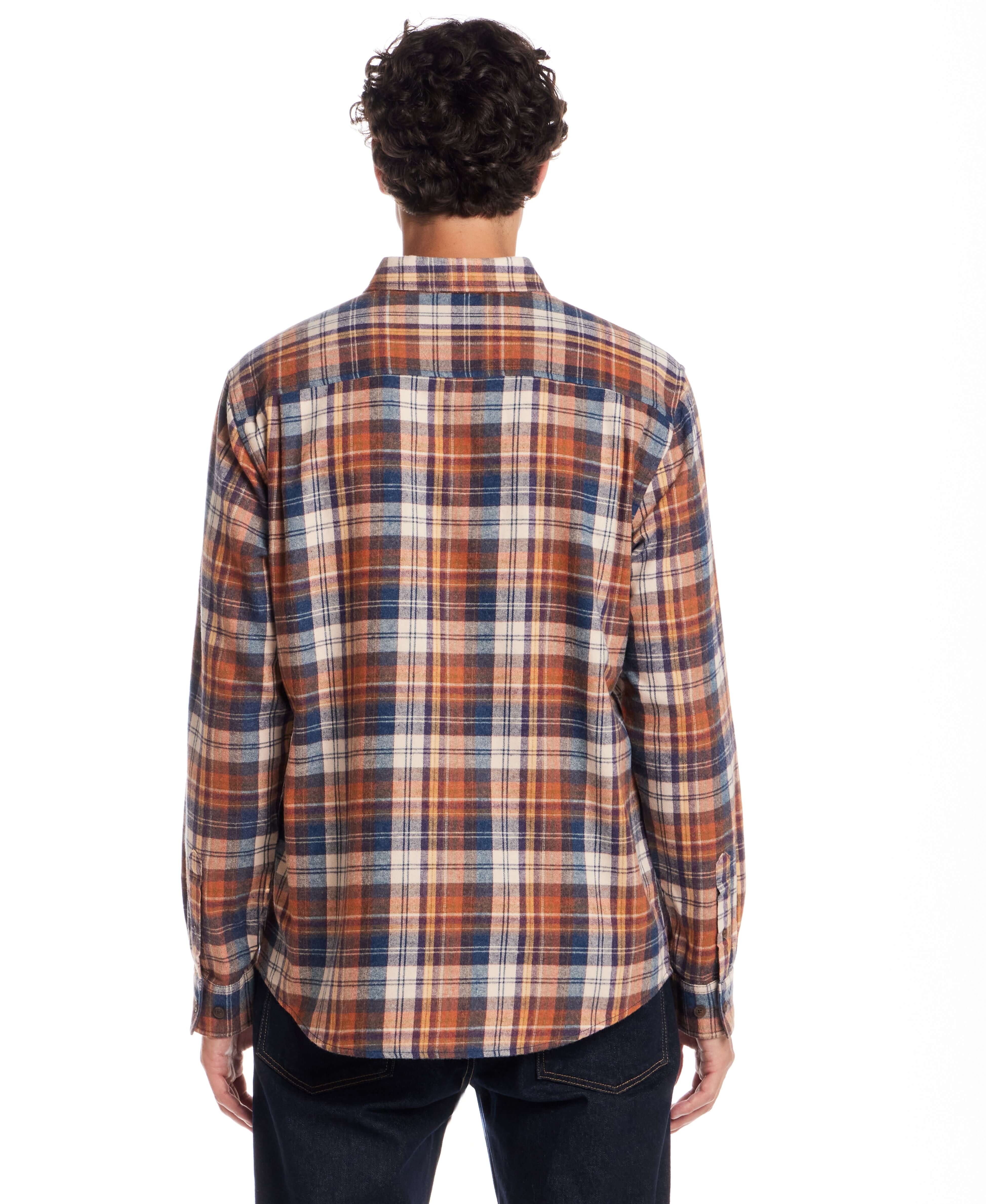 Long Sleeve Brushed Flannel in Umber shown from the back, featuring a classic plaid design in rich colors.