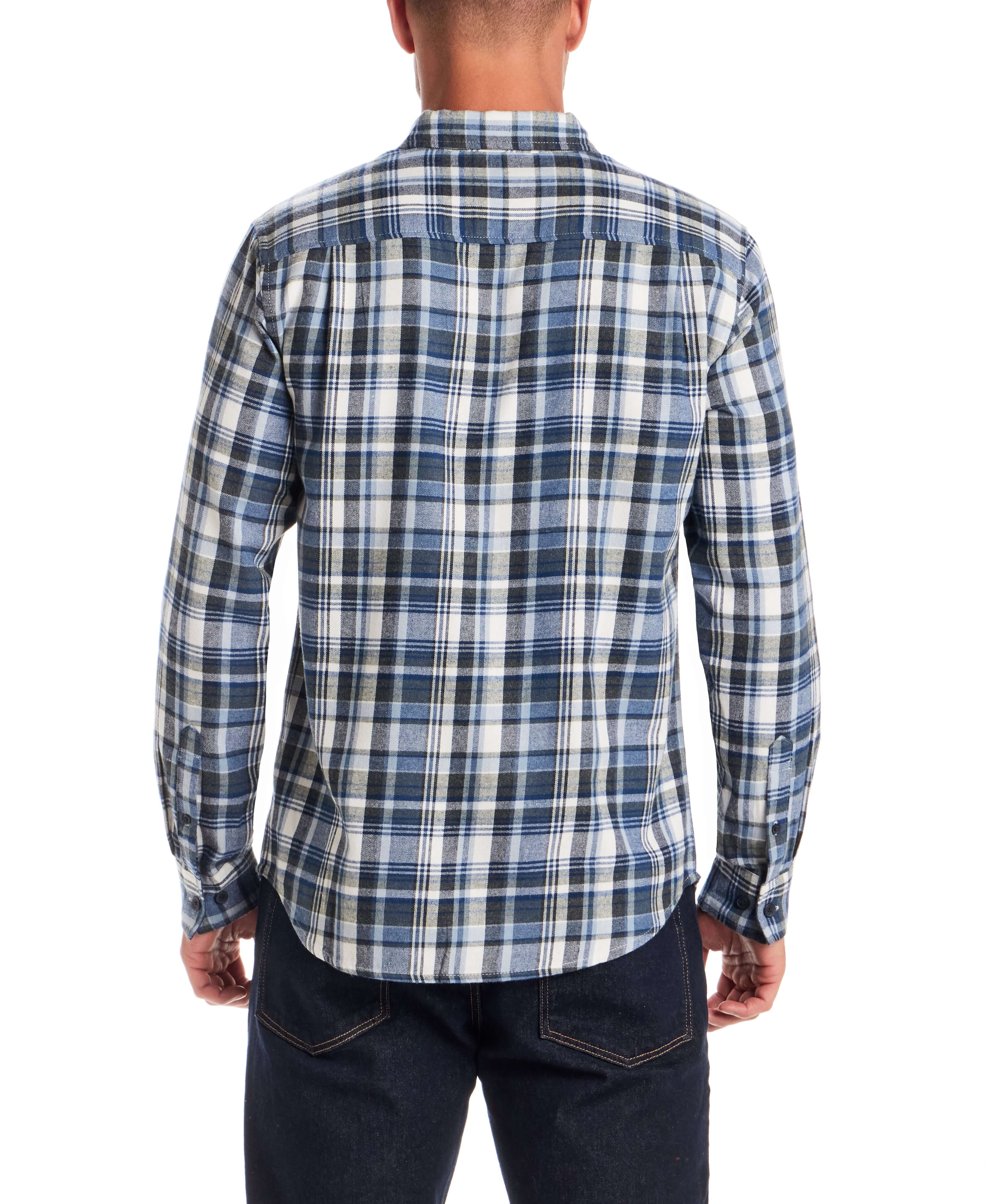 Man wearing Long Sleeve Brushed Flannel in Blue Fusion, showing the back view with a plaid pattern.
