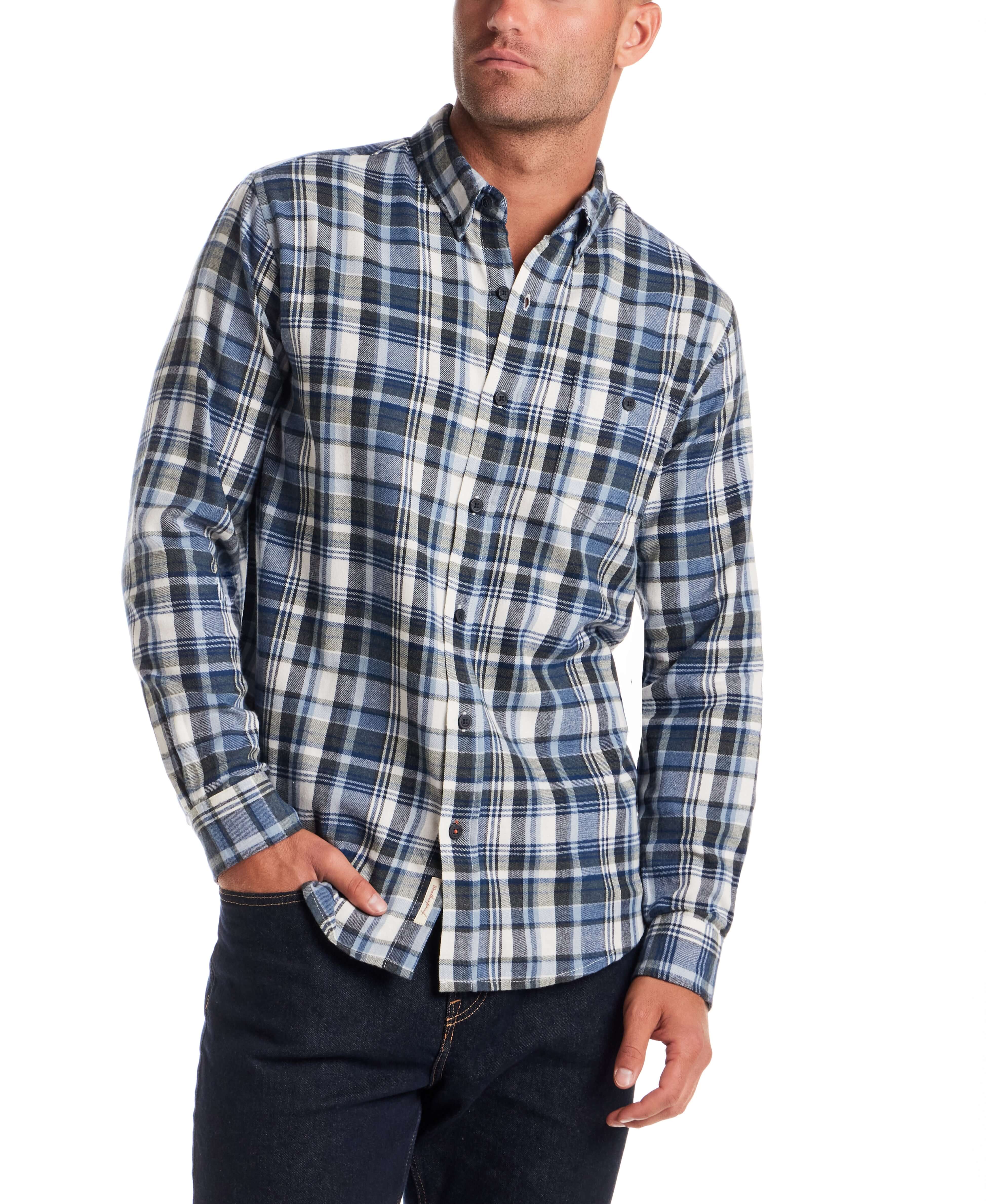 Long Sleeve Brushed Flannel in Blue Fusion displayed on model, showcasing classic fit and soft cotton blend fabric.