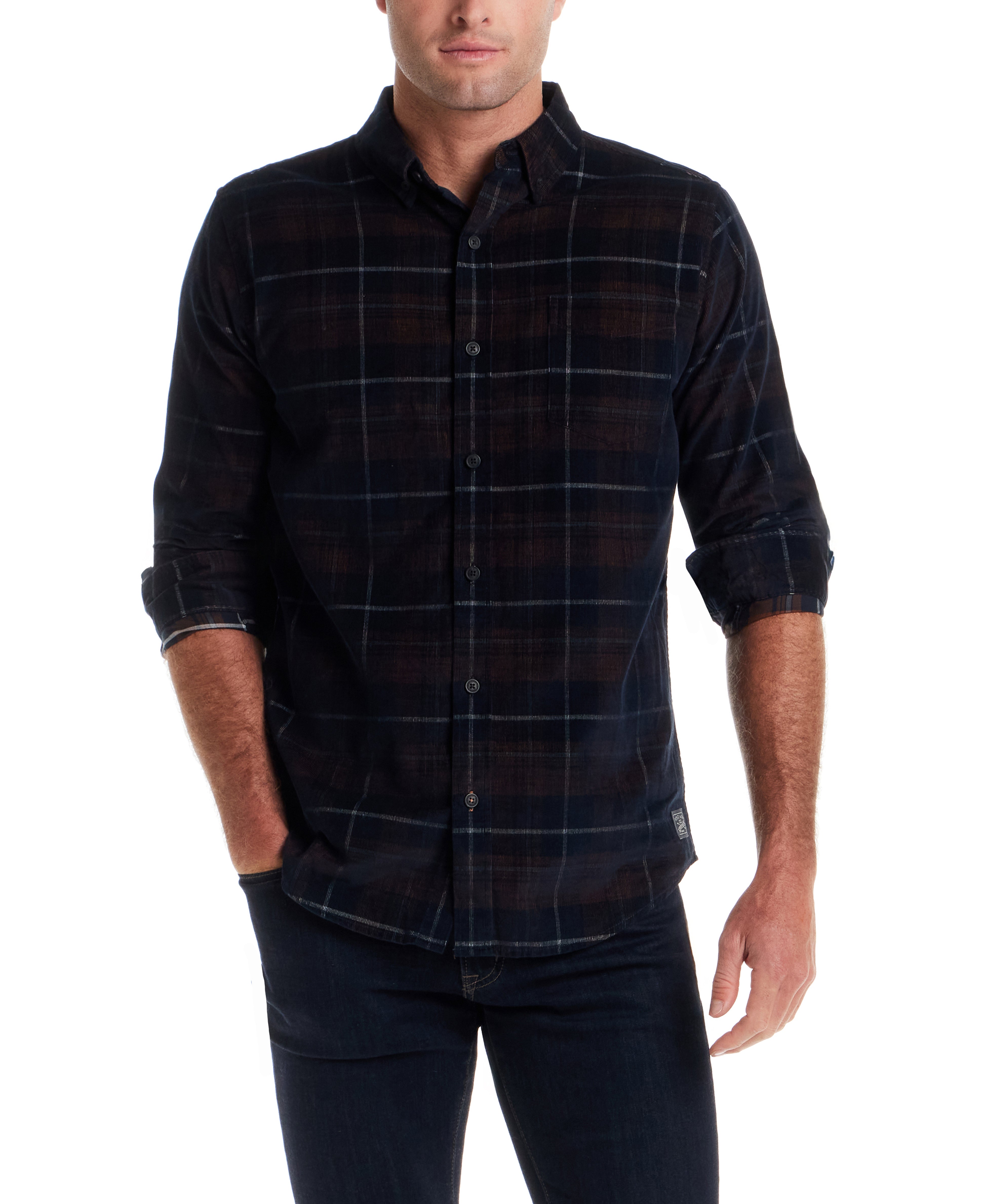 Long Sleeve Plaid Cord Shirt in Espresso