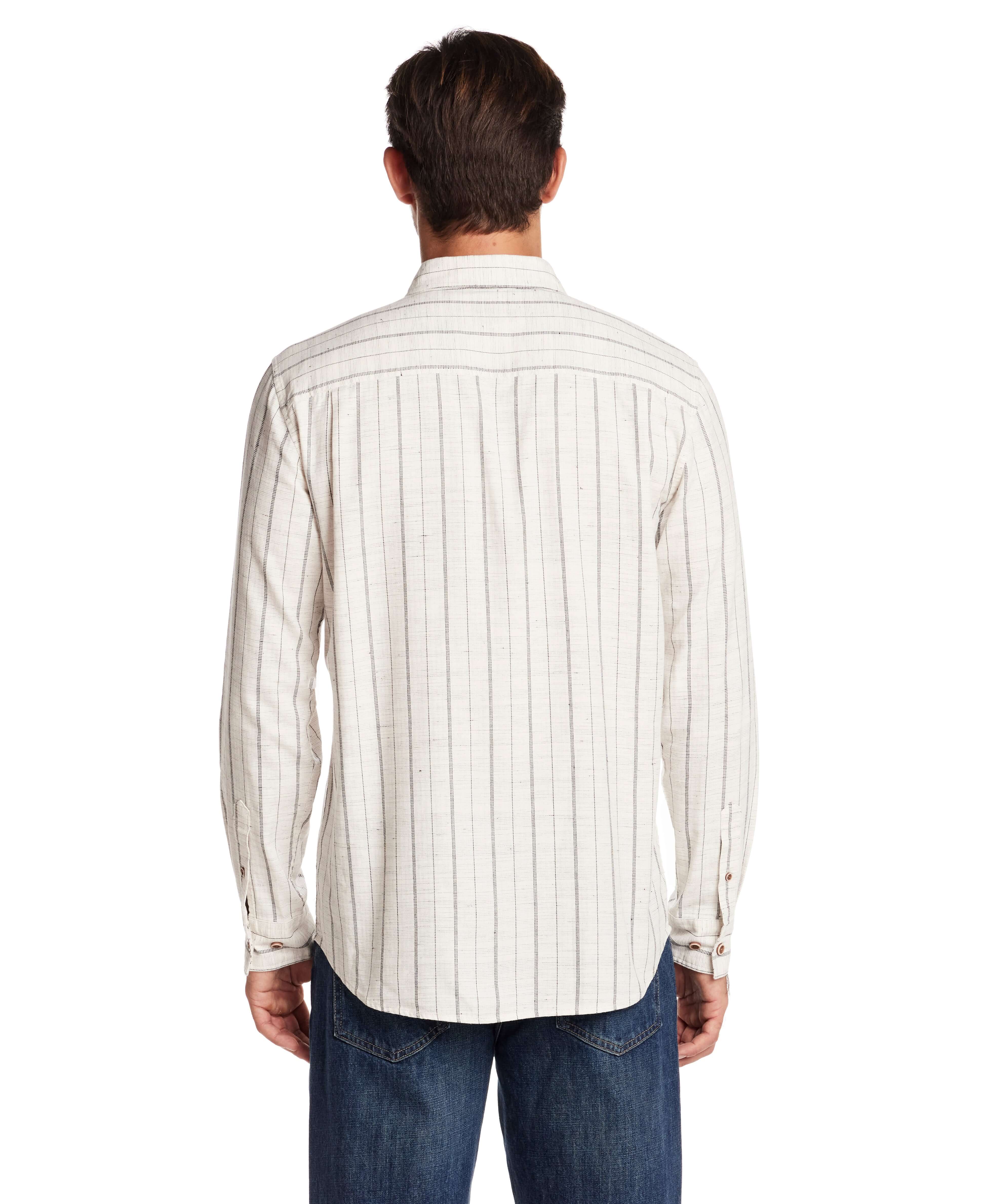 Back view of a long sleeve textured shirt in ecru with subtle stripes, featuring a button-down collar and buttoned cuffs.
